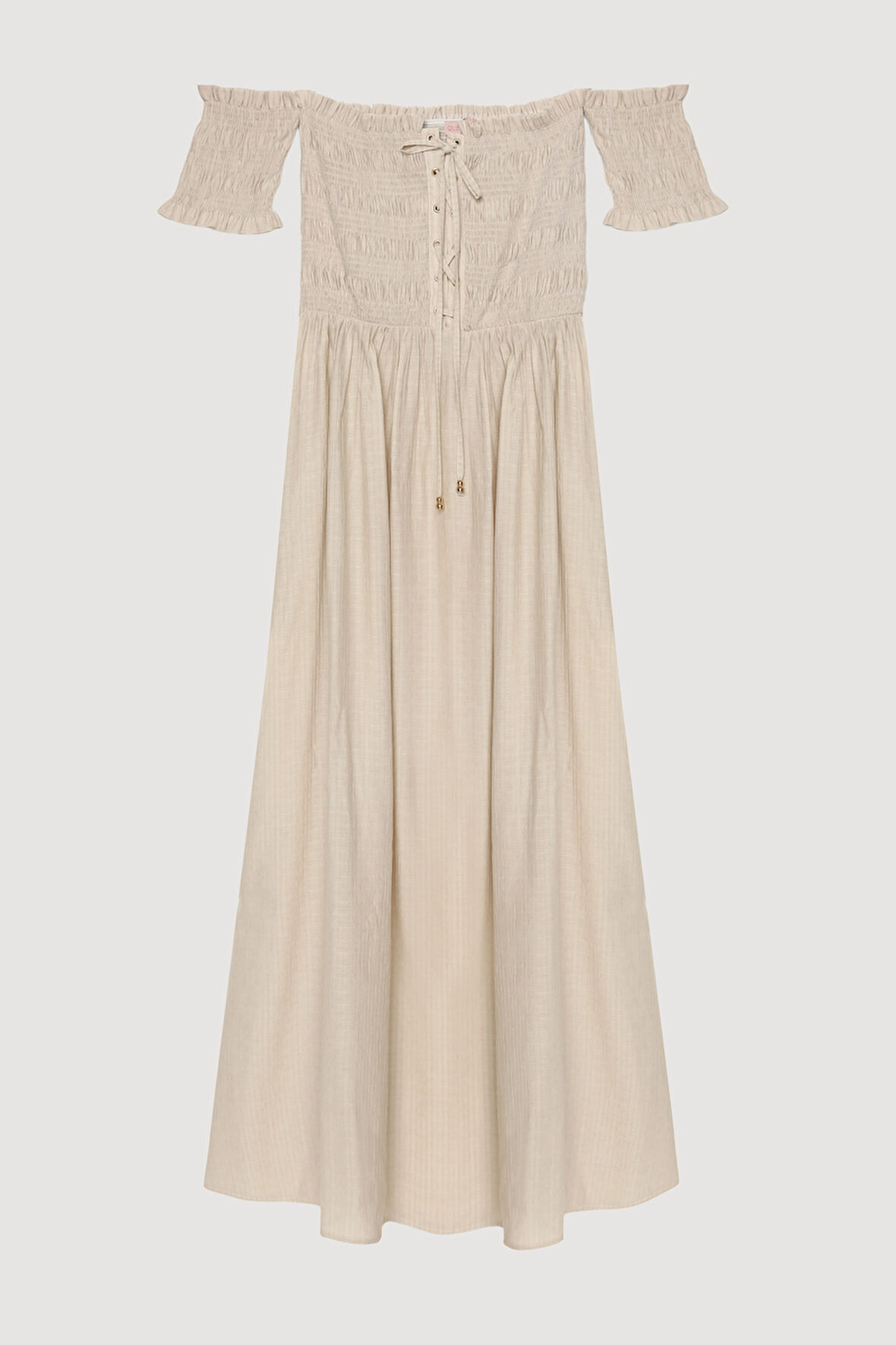 Kuş Gözü Bağlamalı Düşük Omuz Elbise Bej