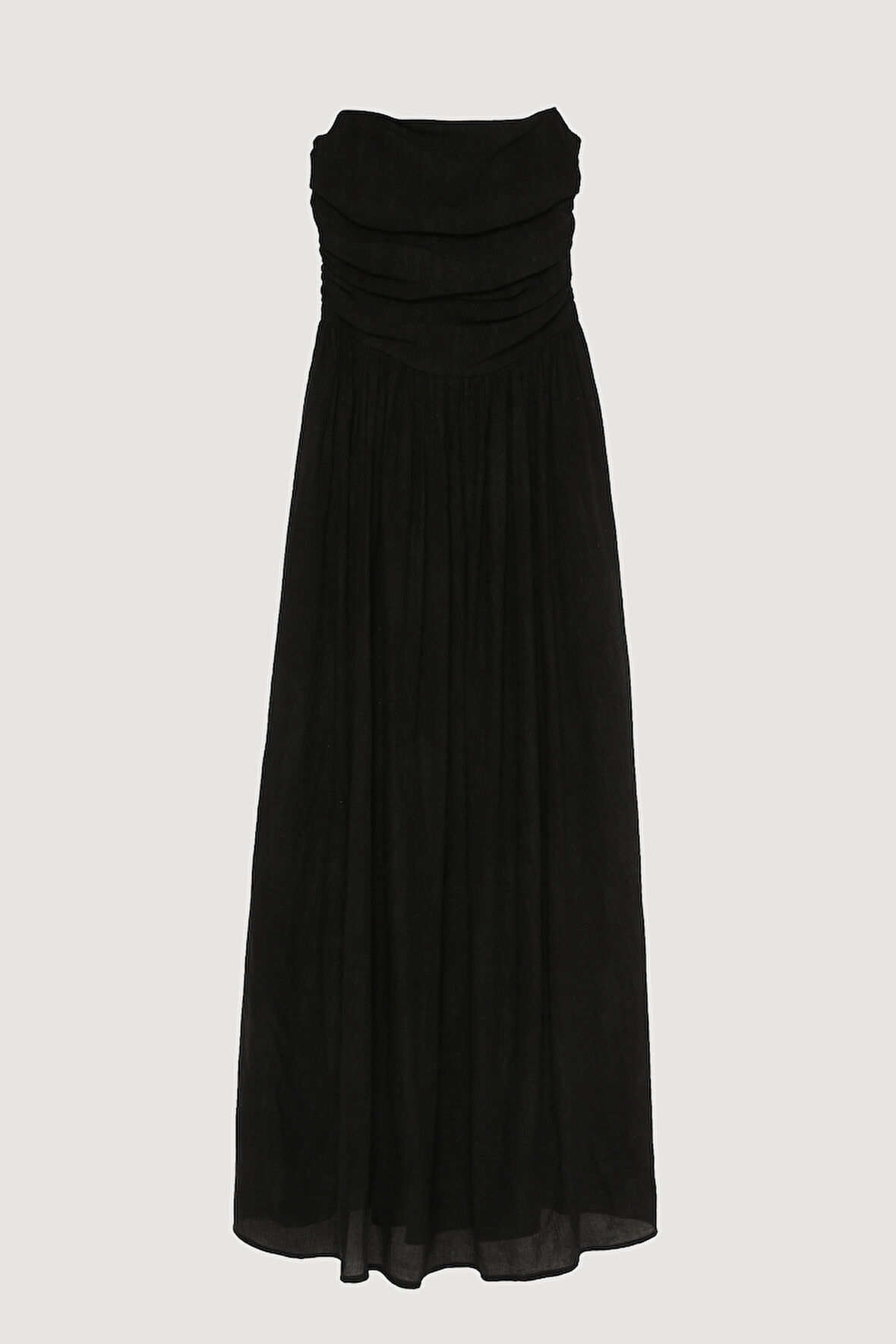 Drape Detaylı Pileli Straplez Midi Elbise Siyah