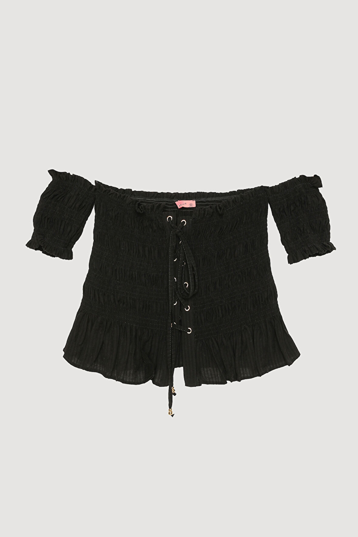 Kuş Gözü Bağlamalı Düşük Omuz Bluz Siyah