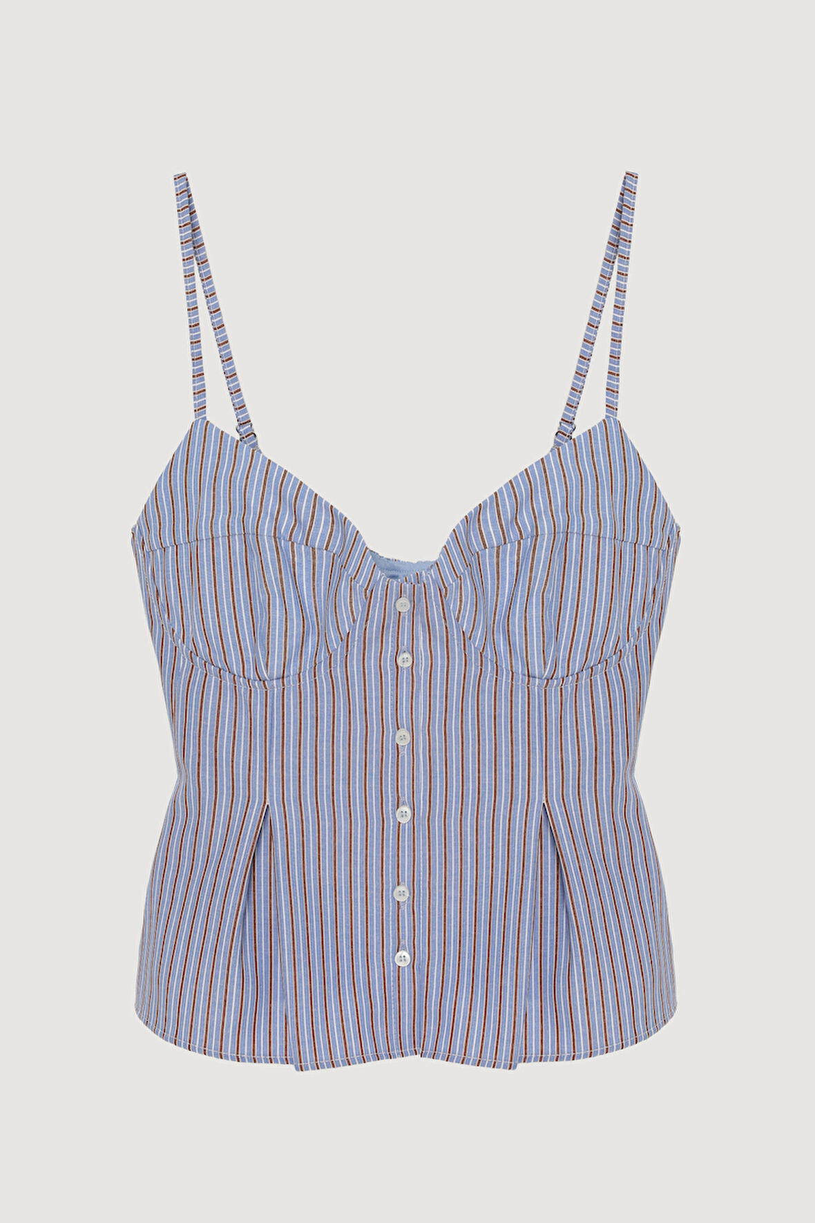 Çizgili Pile Detaylı İnce Askılı Bluz Mavi