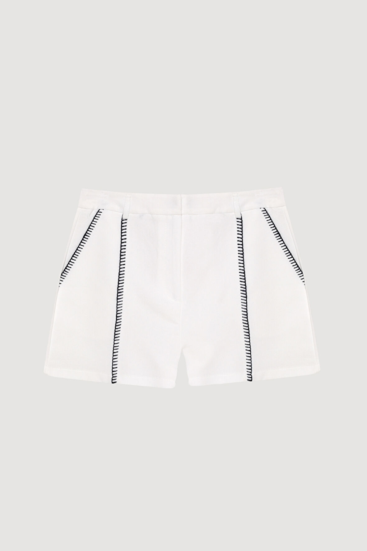 Dikiş Çizgili Keten Mini Şort Beyaz