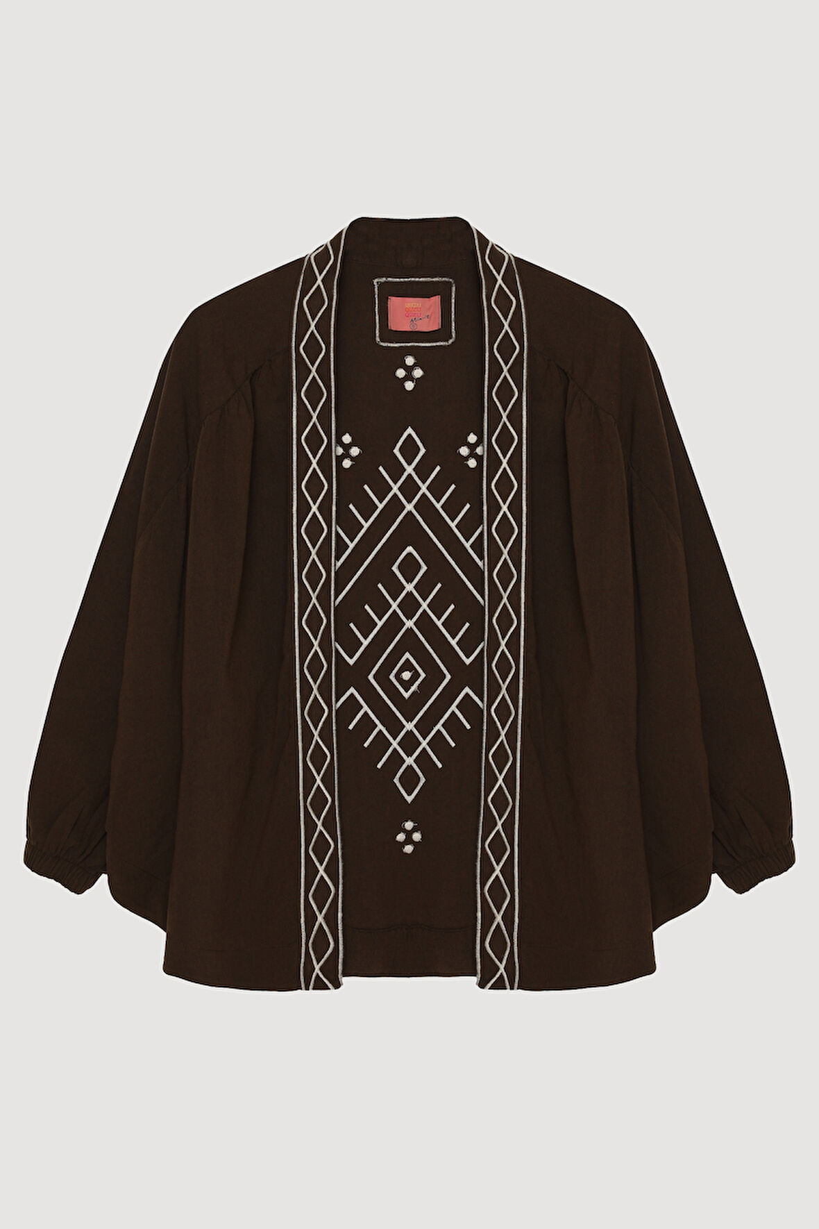 Etnik Desenli Şerit Nakışlı Kısa Keten Kimono Koyu Kahve