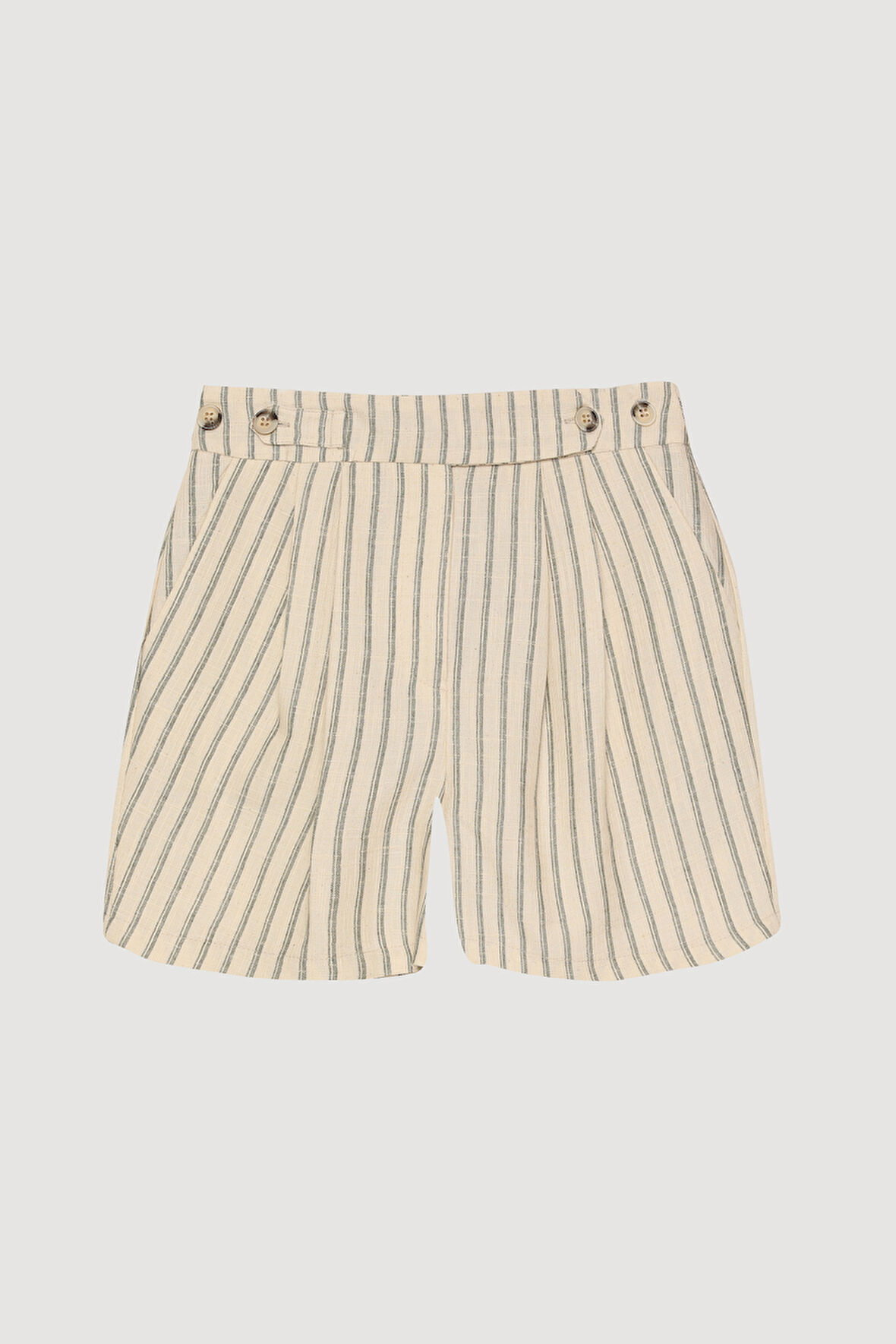 Pens Detaylı Çizgili Keten Mini Şort Bej