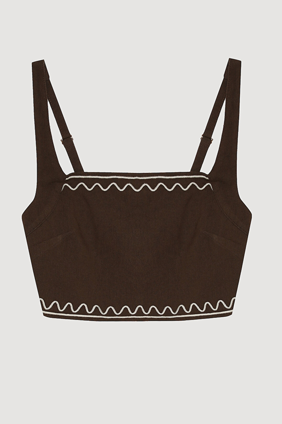 Nakış İşlemeli Biyeli Keten Crop Bluz Koyu Kahve