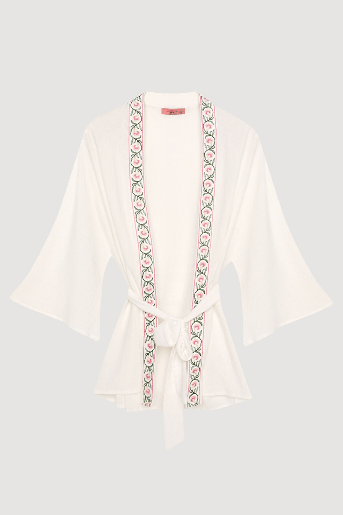 Bağlama Detaylı Nakışlı Yarasa Kol Kimono Ekru