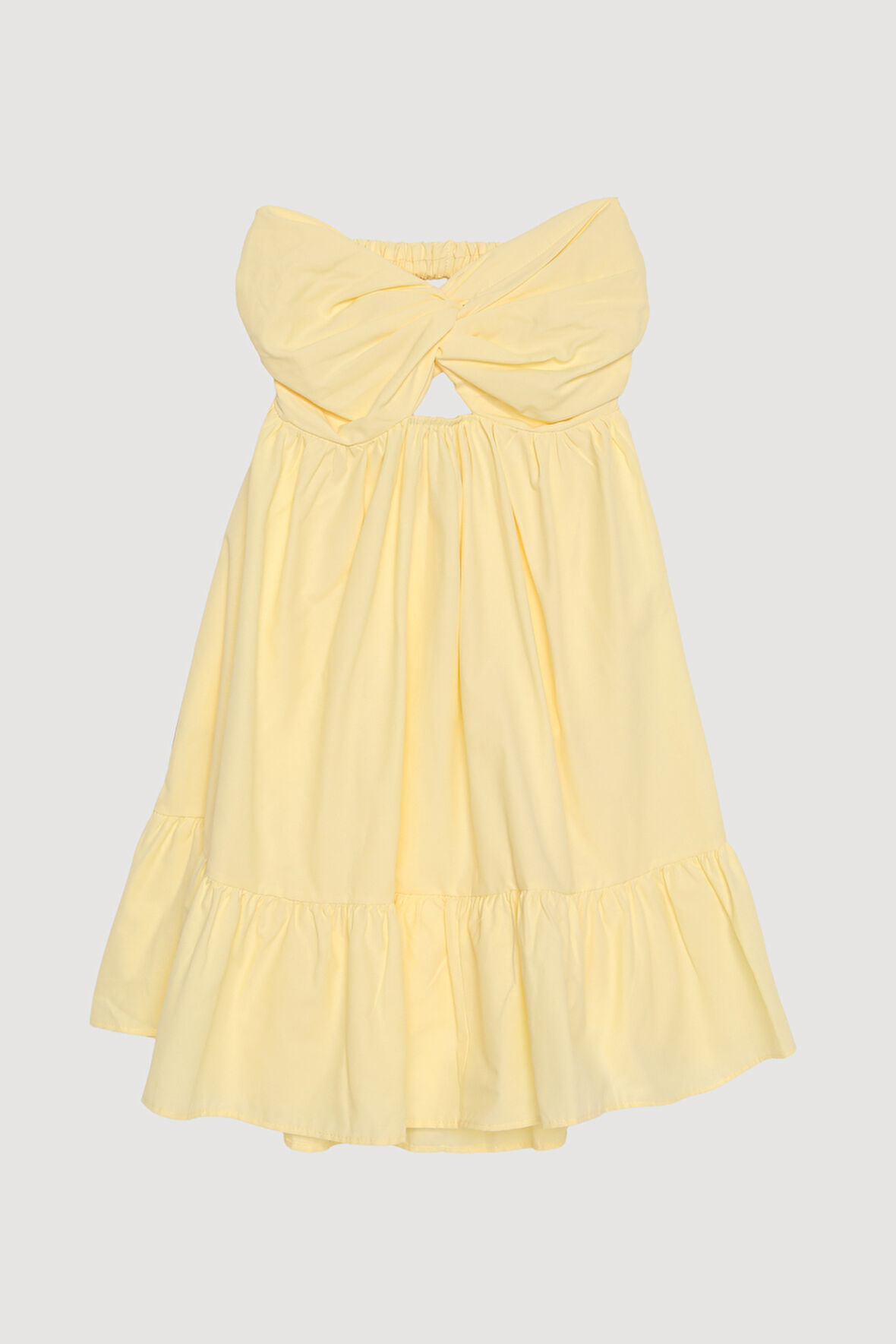 Önü Düğüm Detaylı Sırt Dekolteli Straplez Mini Elbise Sarı