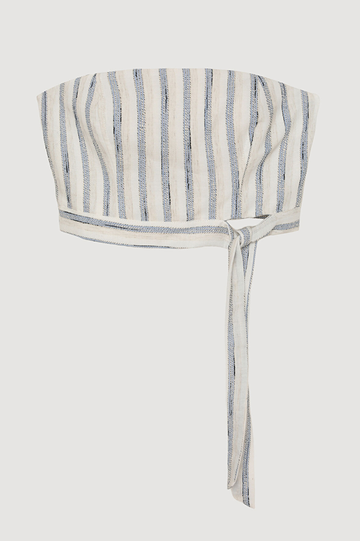 Çizgili Bağlamalı Straplez Keten Bluz Mavi