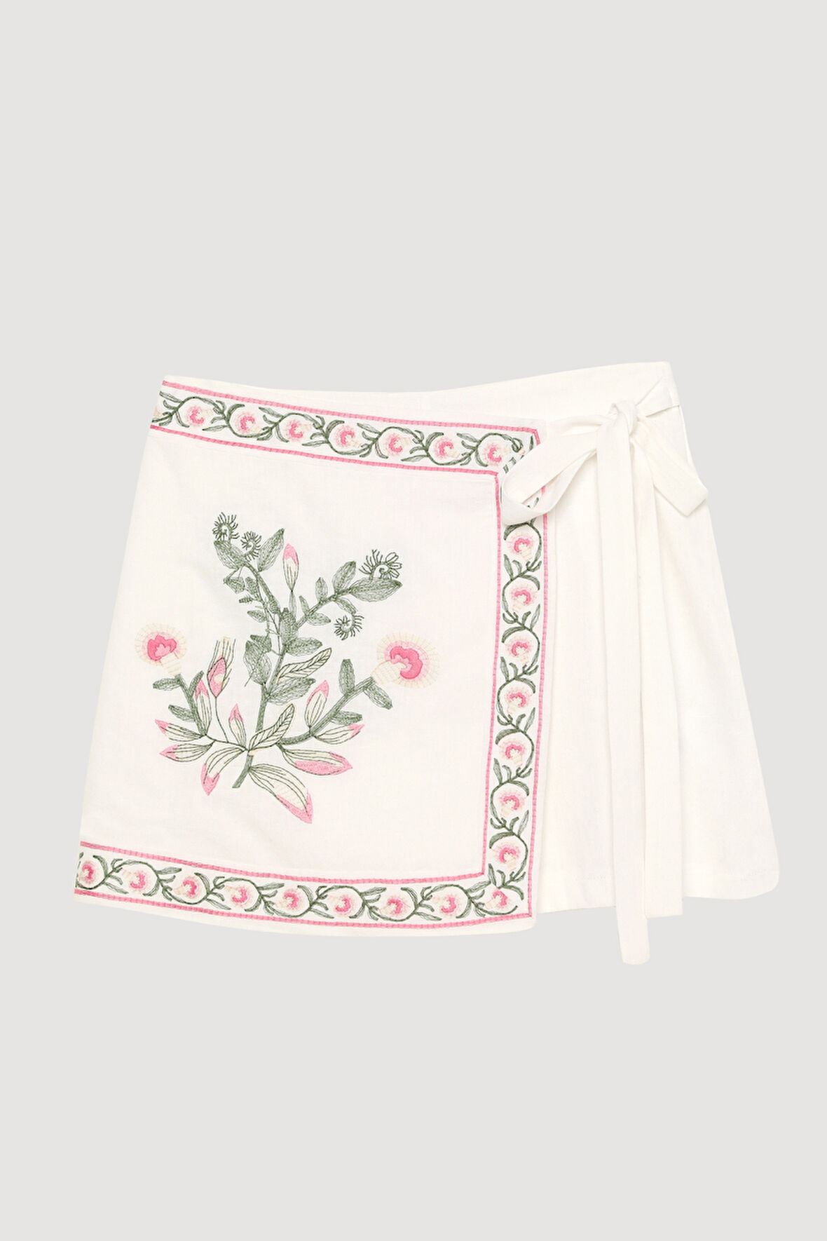 Nakış Baskılı Bağlama Detaylı Şort Etek Ekru