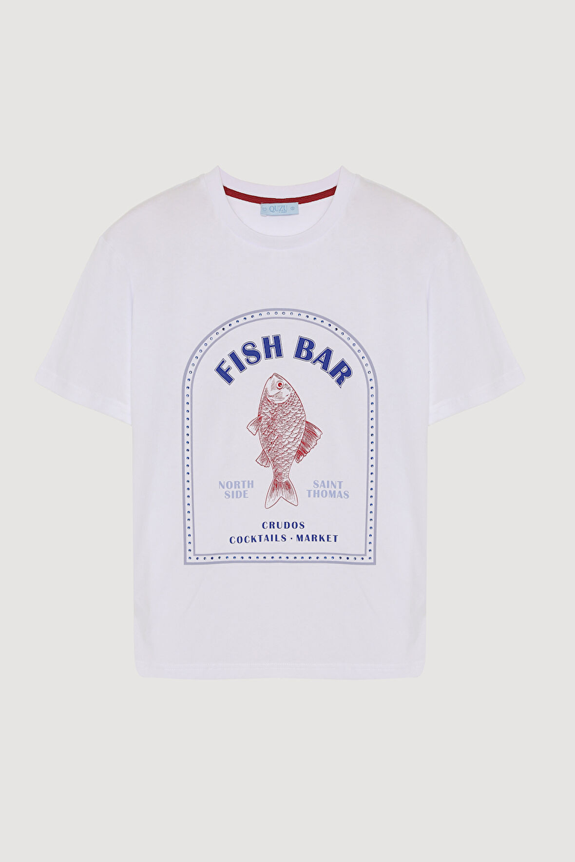 Balık Desenli Kısa Kol Tişört Beyaz