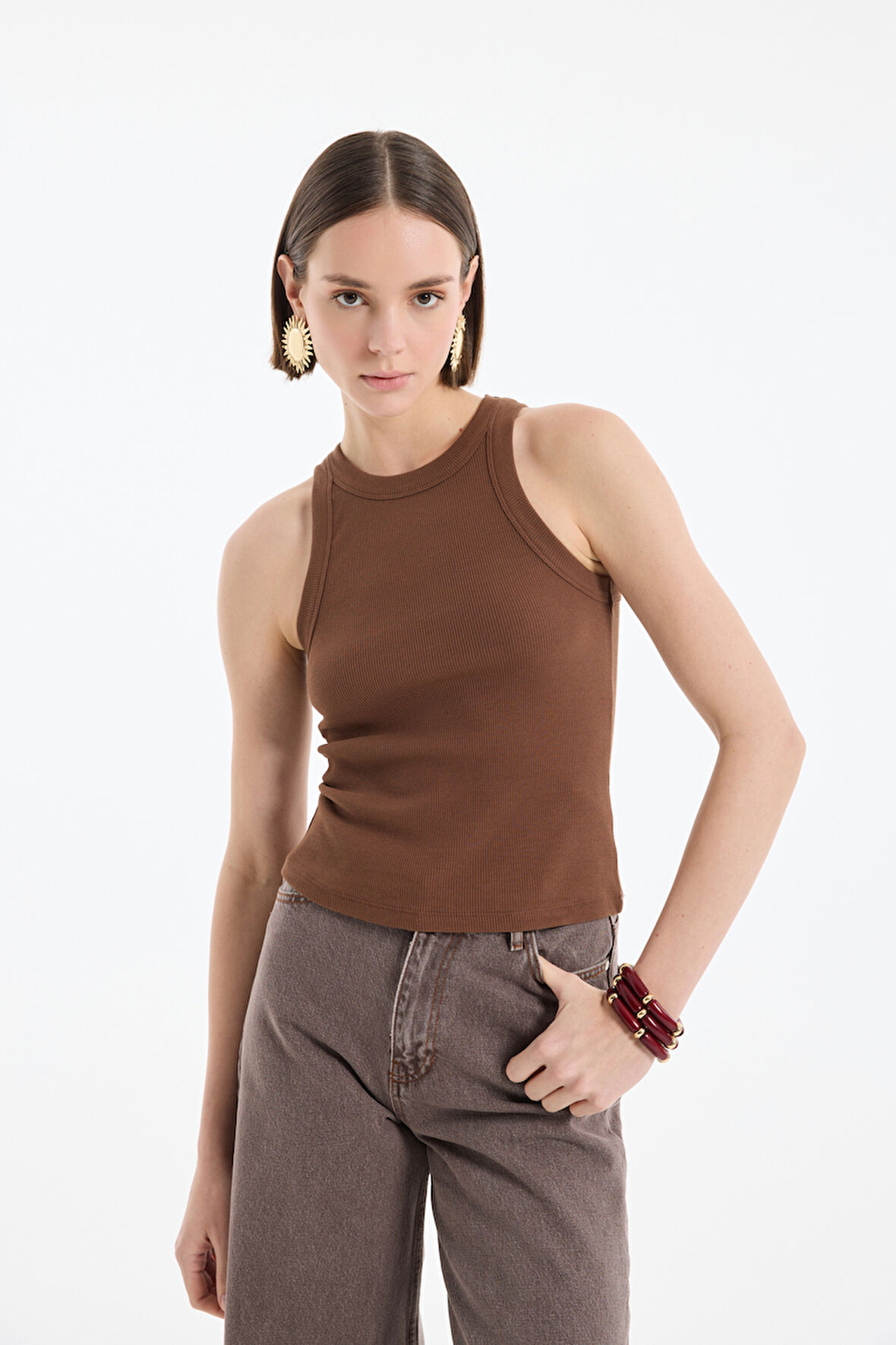Halter Yaka Basic Fitilli Atlet Kahverengi