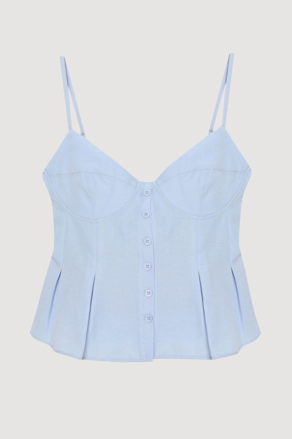 Pile Detaylı Düğmeli İnce Askılı Bluz Mavi