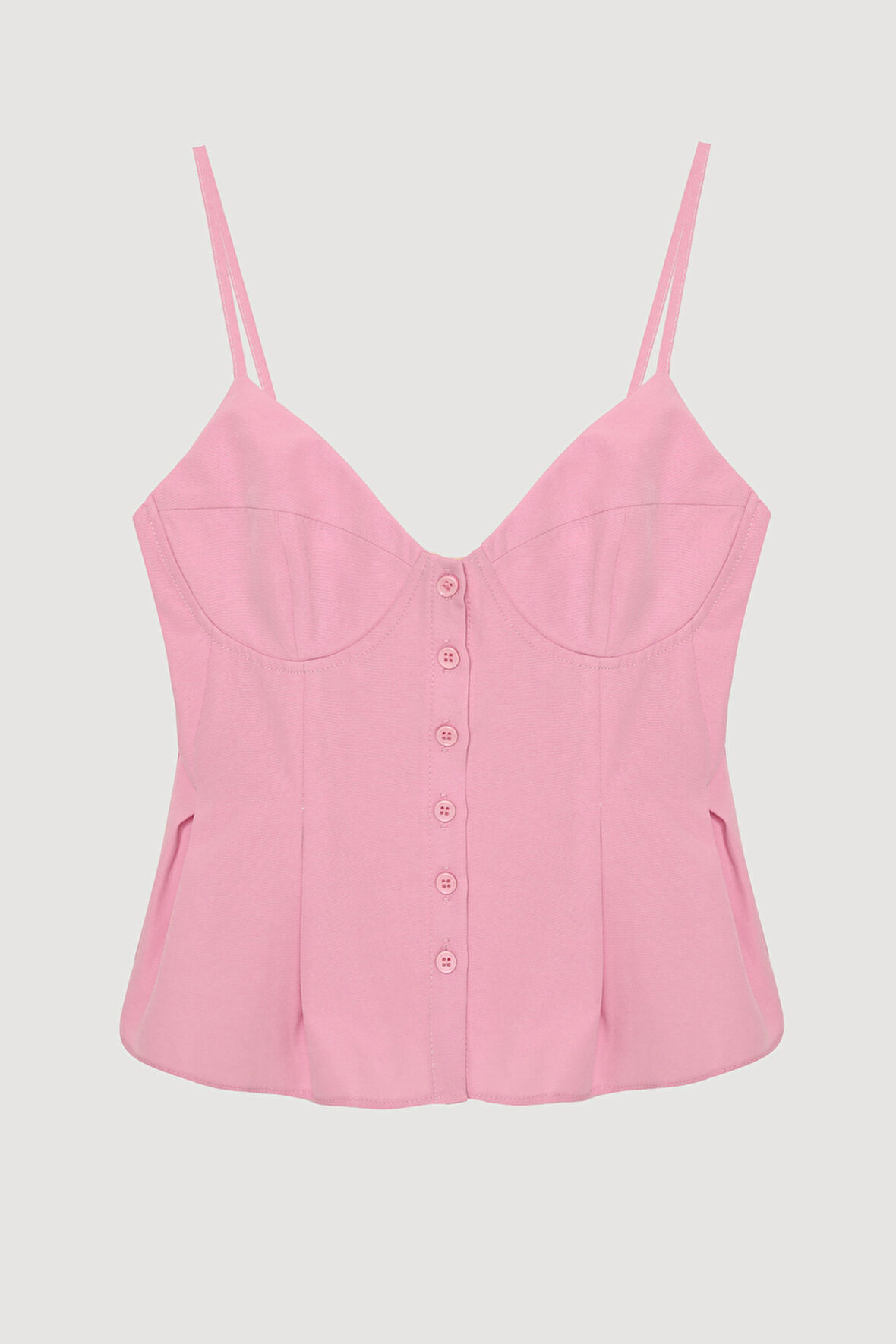 Pile Detaylı Düğmeli İnce Askılı Bluz Pembe