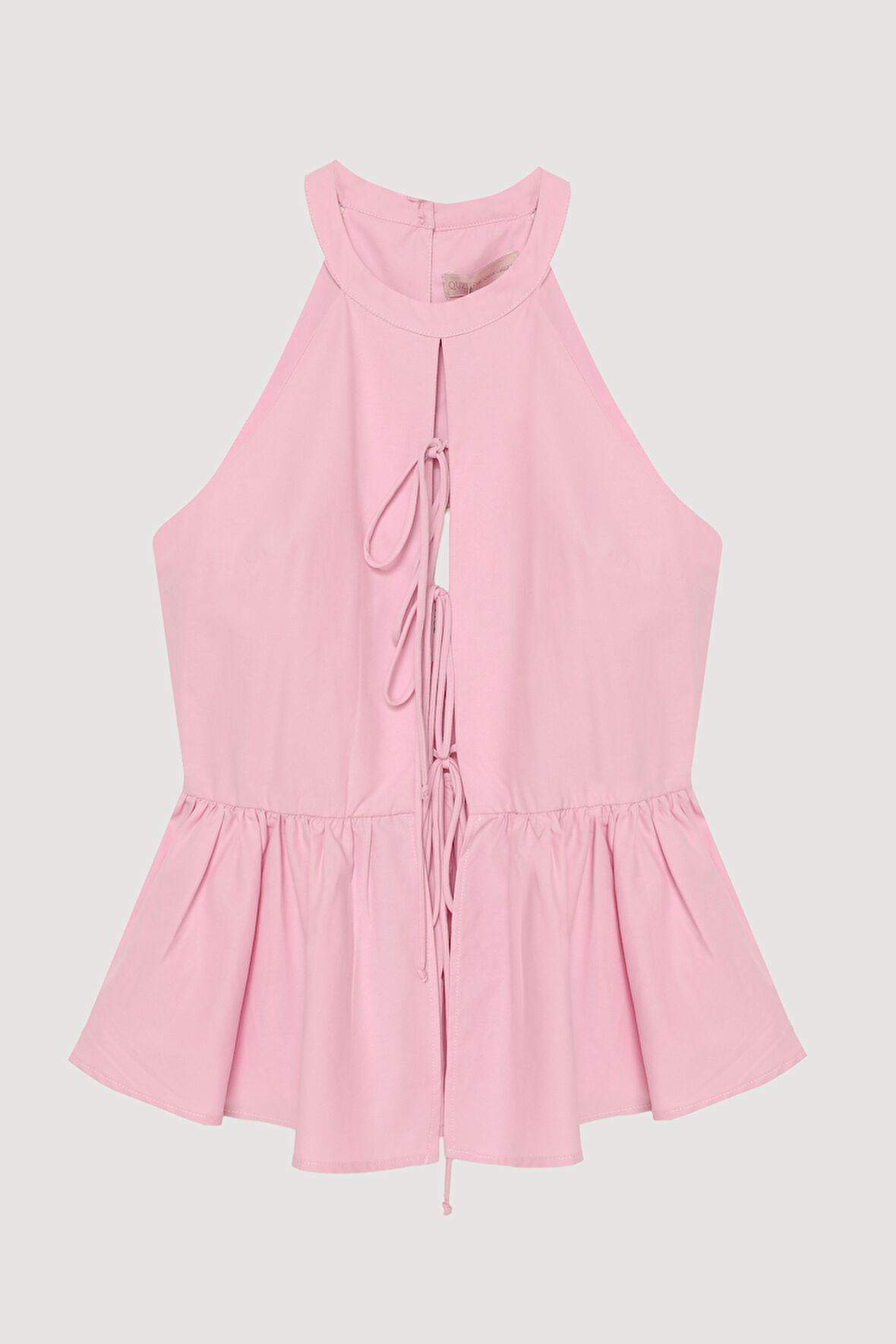Önü Bağcıklı Halter Yaka Bluz Pembe