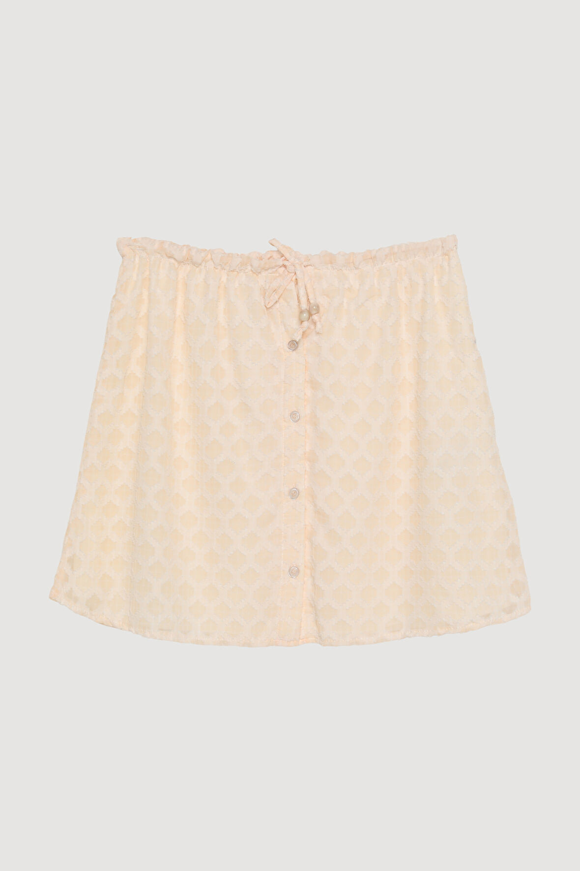 Önden Düğmeli Beli Lastikli Dokulu Mini Etek Ekru