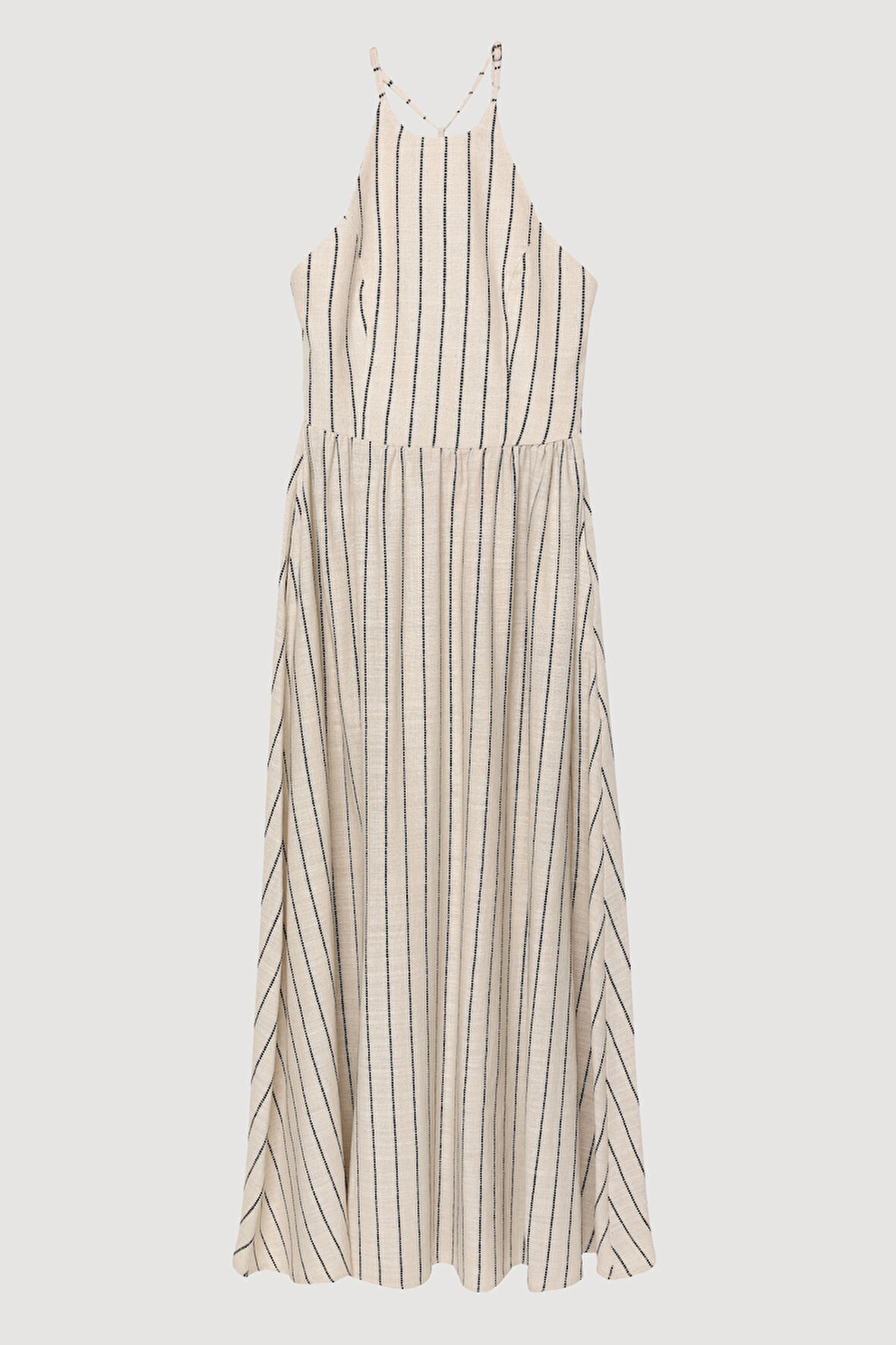 Halter Yaka Sırtı Bağlamalı Çizgili Uzun Elbise Naturel
