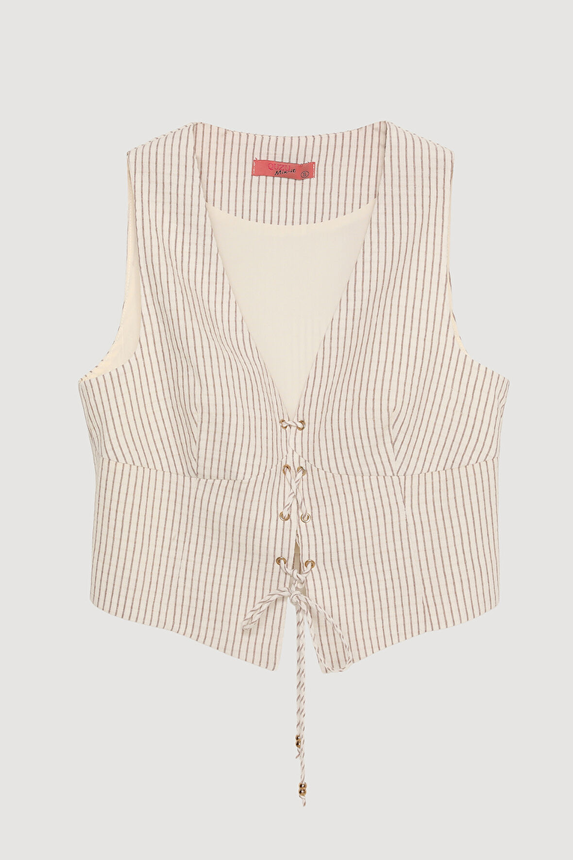 İp Bağlamalı Çizgili Kolsuz Yelek Naturel