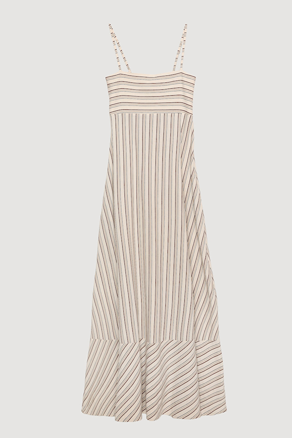 İnce Çizgili Etek Ucu Volanlı Askılı Uzun Elbise Naturel