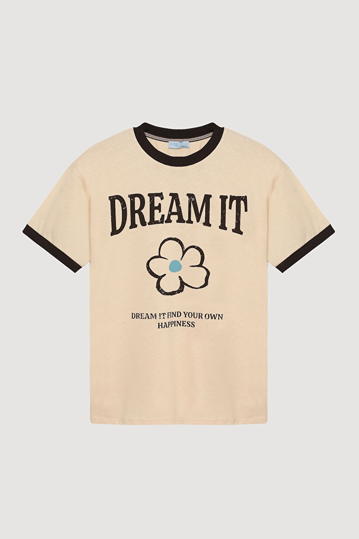 Biye Yakalı Baskılı Tişört Bej