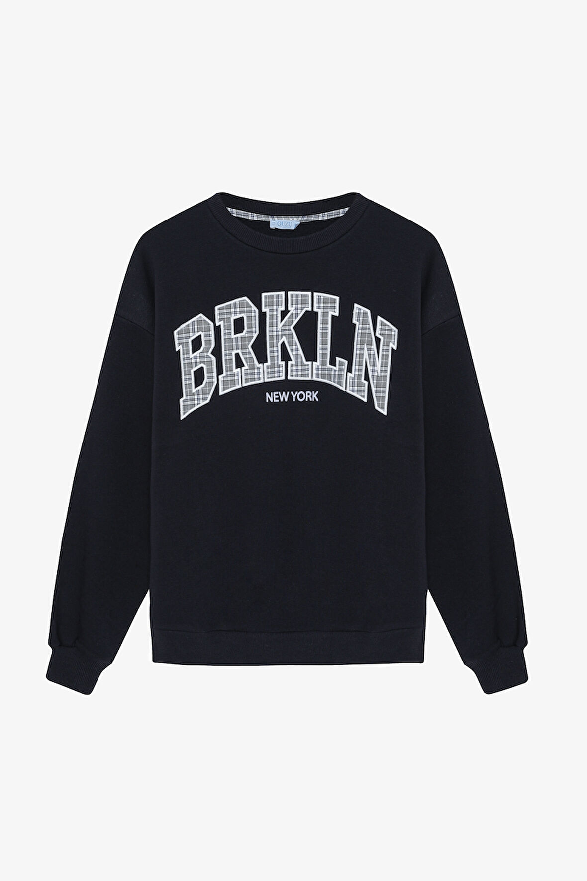 Yazı Detayı Ekose Desenli Oversize Sweatshirt Lacivert