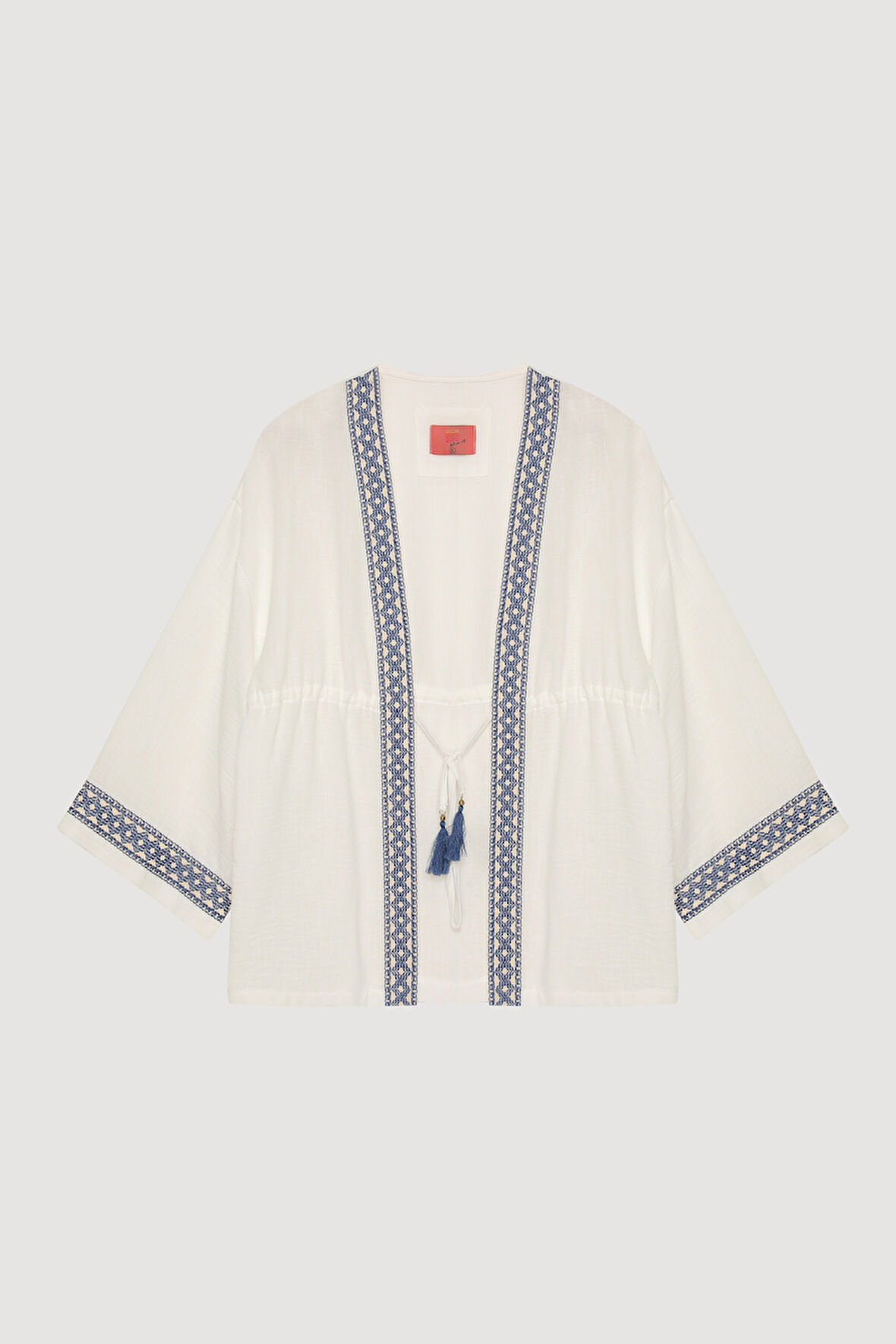 Şerit Nakış Detaylı Beli Bağlamalı Kimono Ekru