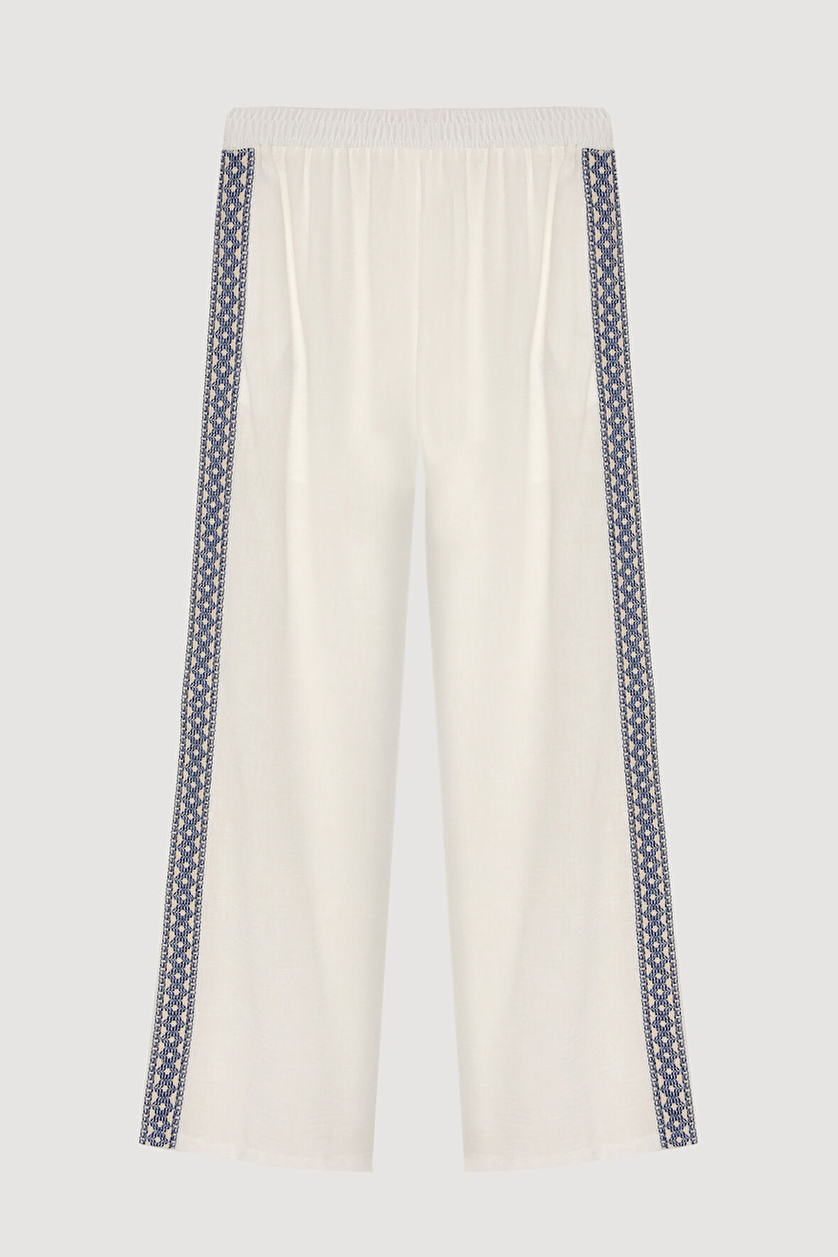 Şerit Nakışlı Beli Lastikli Bol Paça Pantolon Ekru