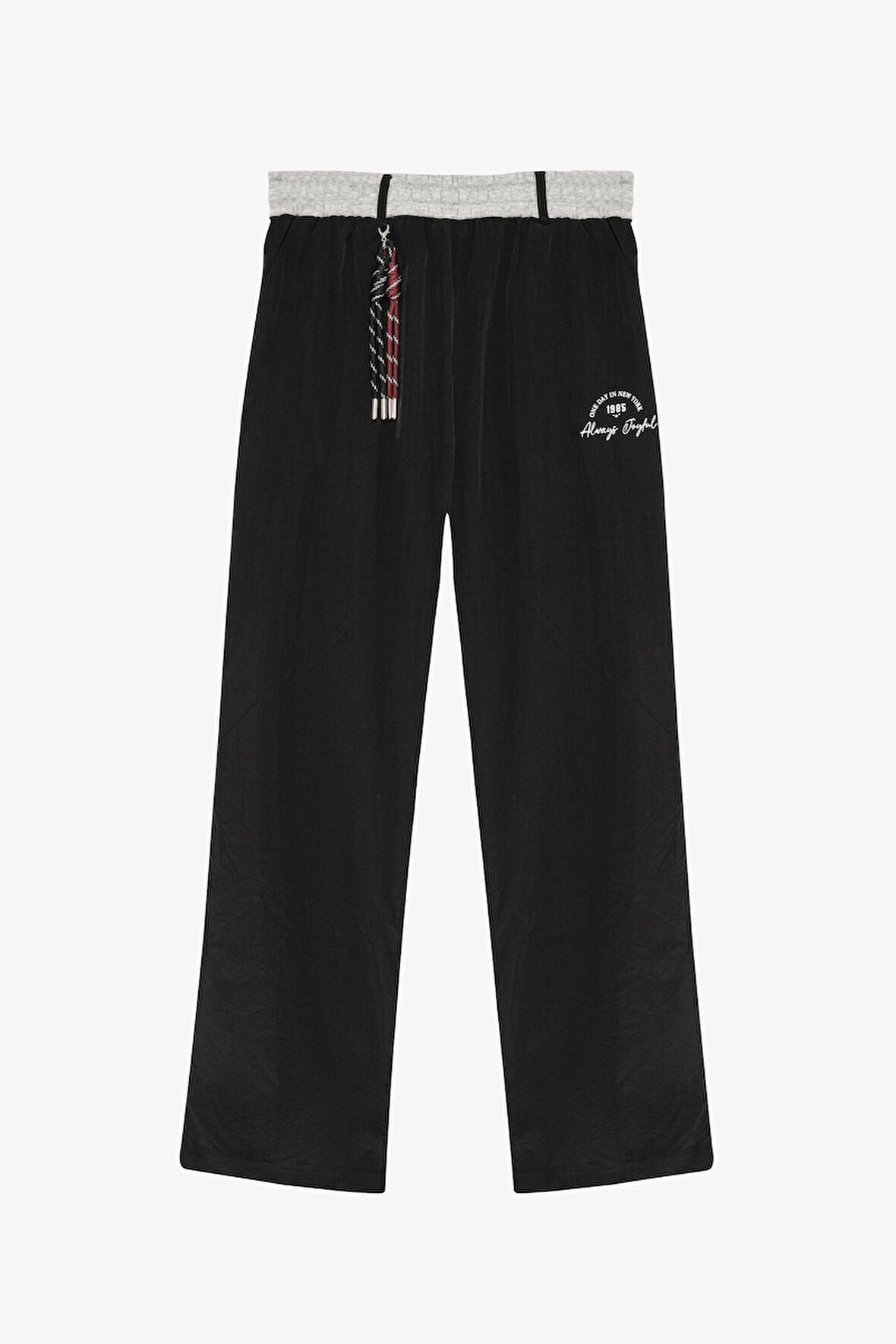 Kontrast Kumaş Garnili Nakışlı Beli Lastikli Pantolon Siyah