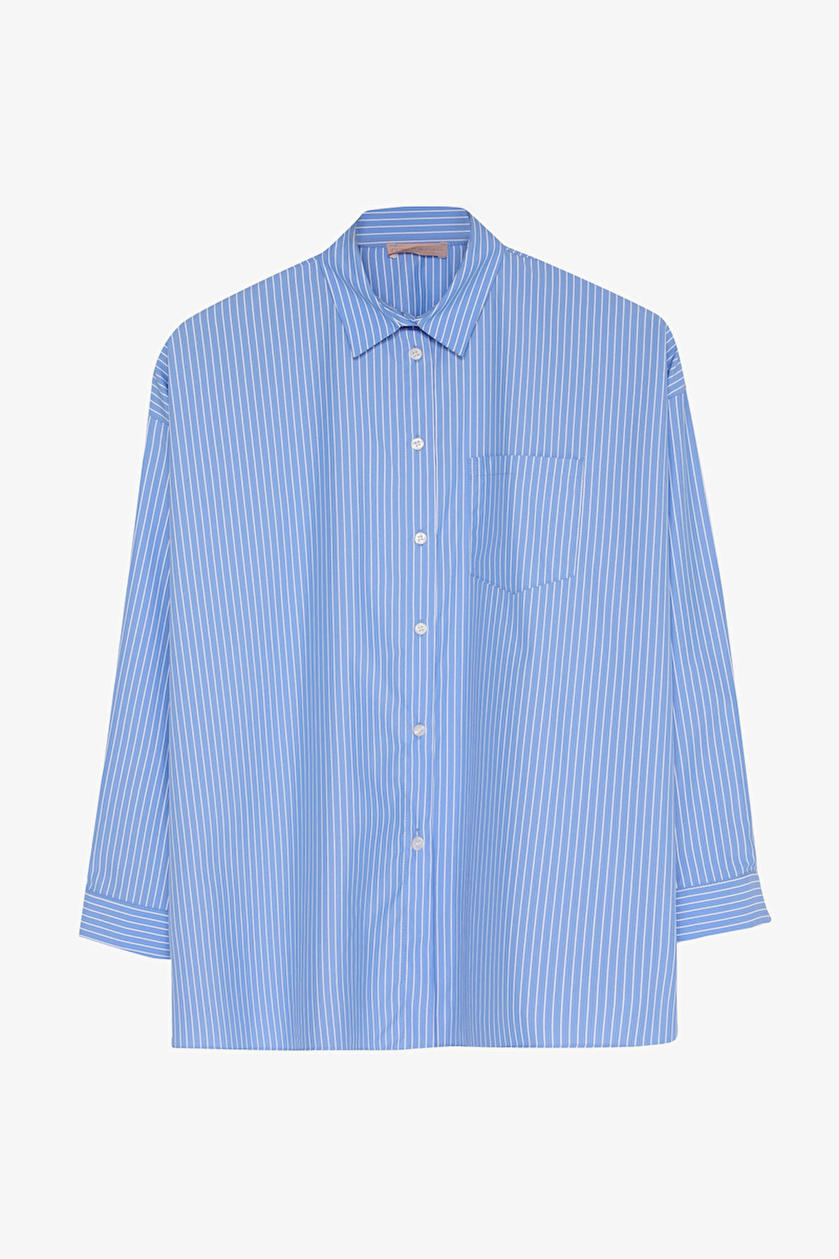 Sırtı Yazı Baskılı Oversize Çizgili Gömlek Mavi