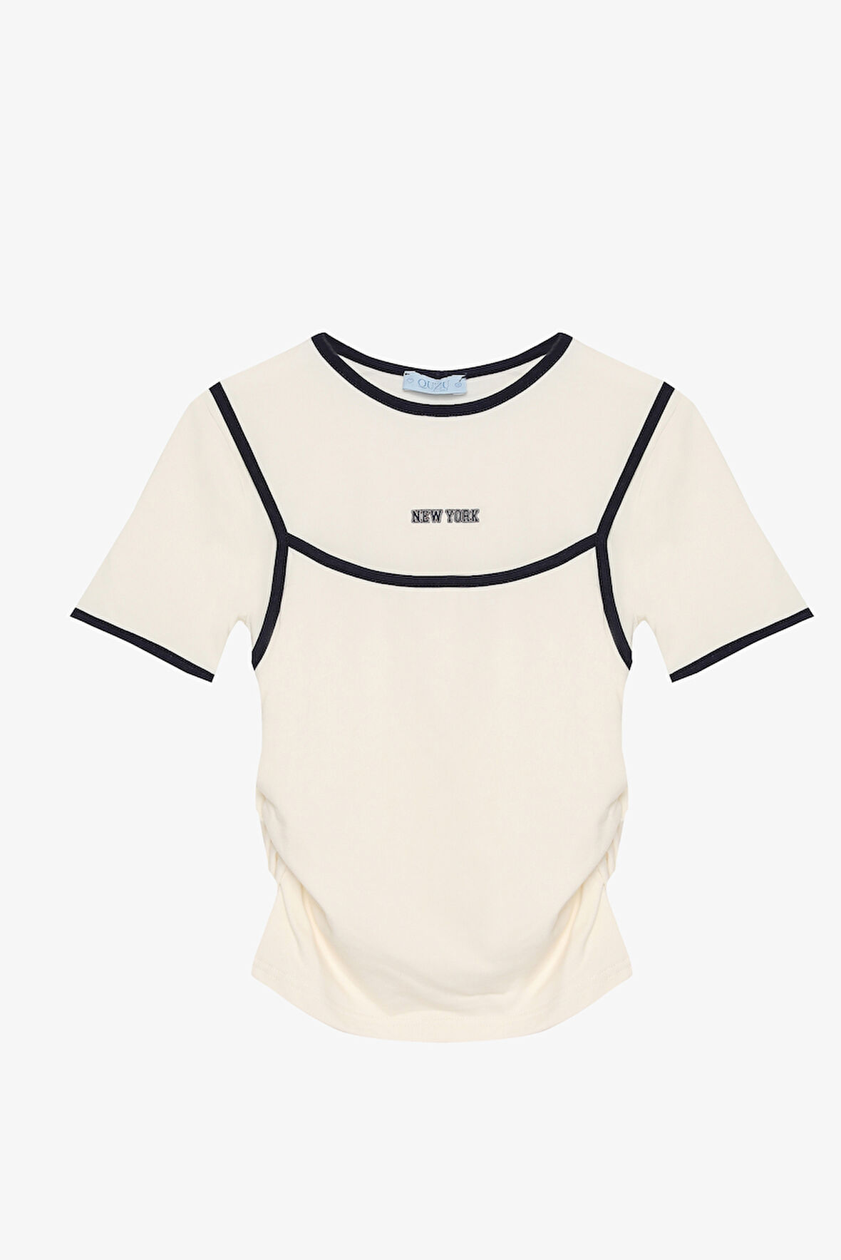 Atlet Detaylı Yan Büzgülü Bisiklet Yaka Tişört Ekru