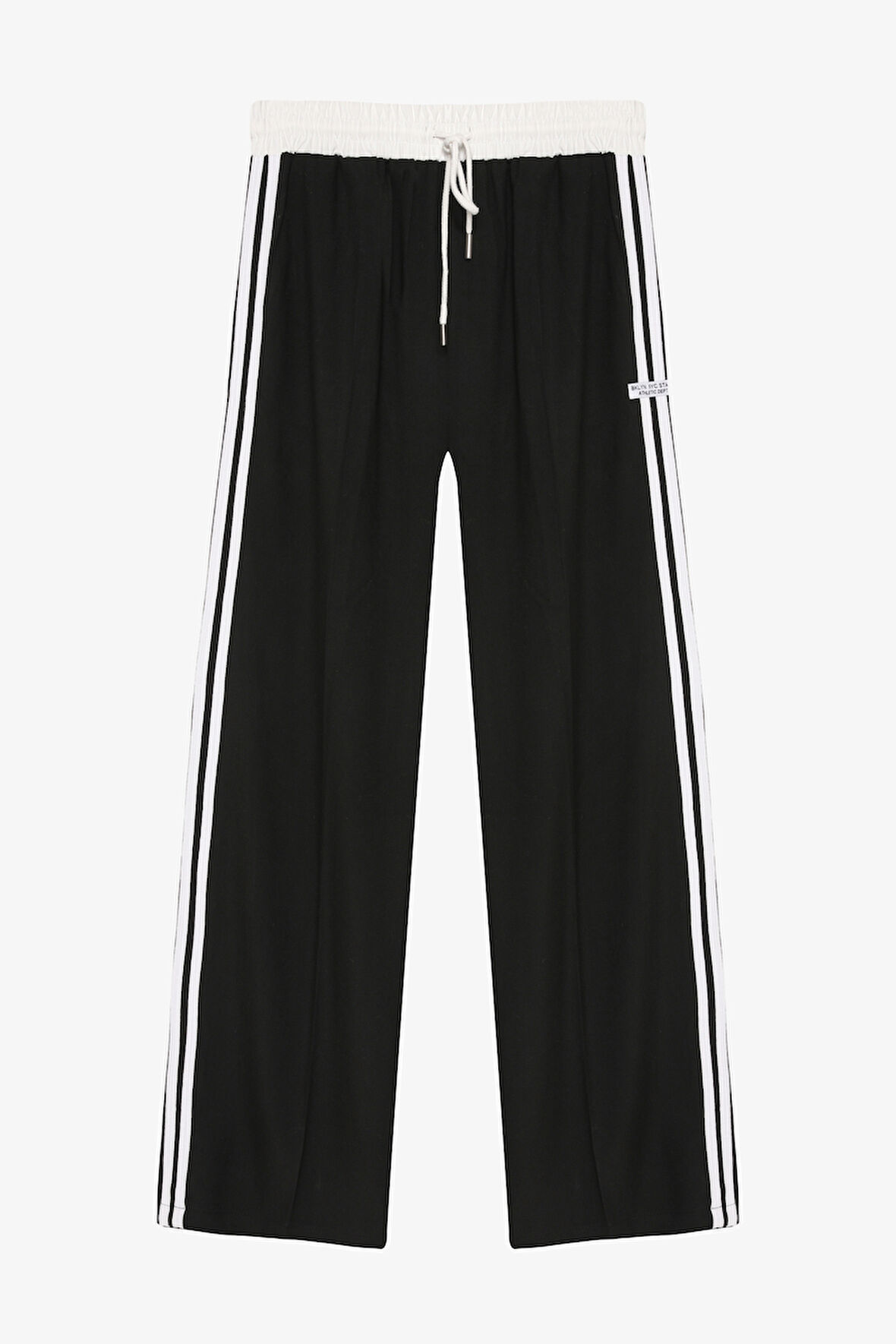 Etiket Detaylı Şerit Garnili Bol Paça Pantolon Siyah