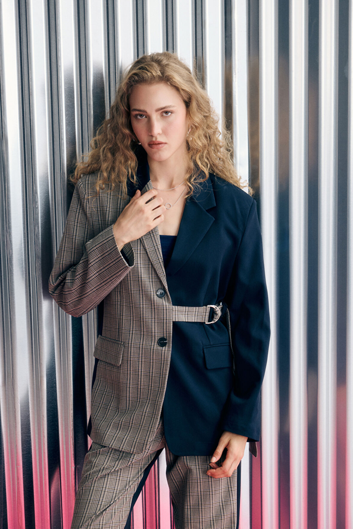 Ekose Garnili Kuşak Detaylı Oversize Blazer Ceket Lacivert