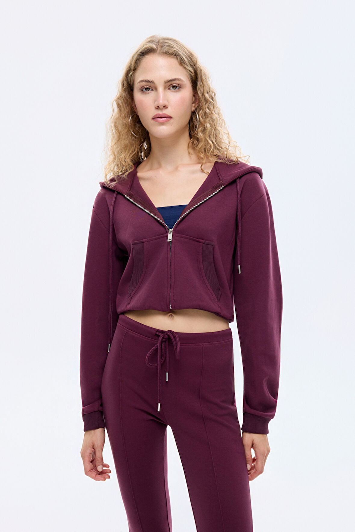 Kapüşonlu Fermuarlı Basic Sweatshirt Bordo