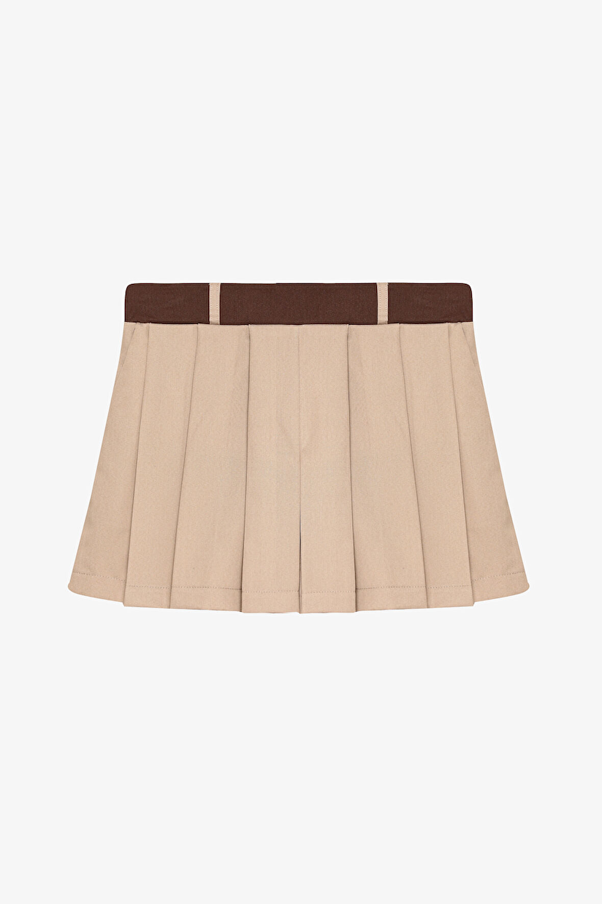 Kontrast Bel Pileli Mini Şort Etek Bej