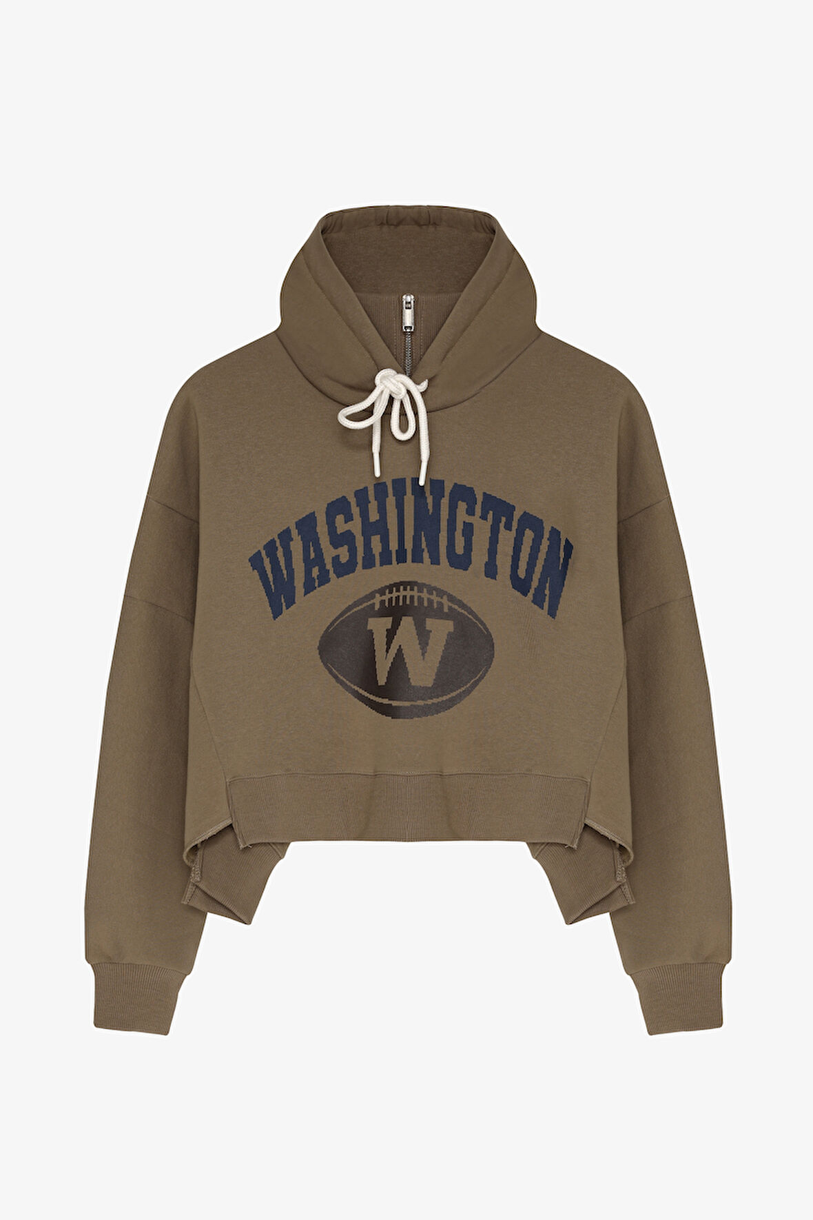 Dik Yaka Detaylı Önü Baskılı Kapüşonlu Sweatshirt Haki