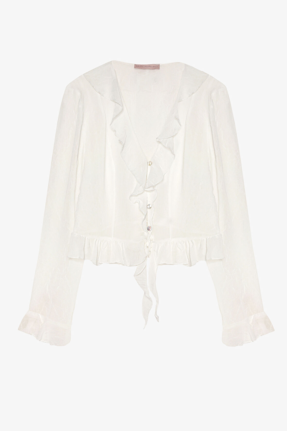 Fırfır Detaylı V Yaka Düğmeli Bluz Ekru