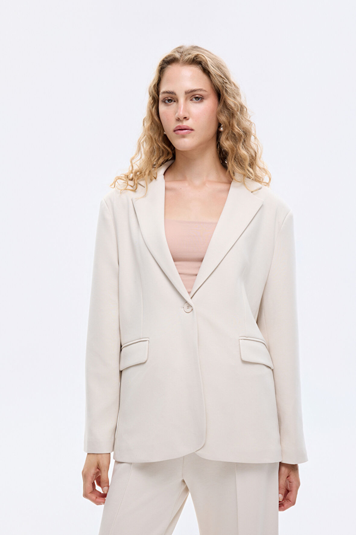 Tek Düğmeli Yumuşak Dokulu Oversize Blazer Ceket Bej
