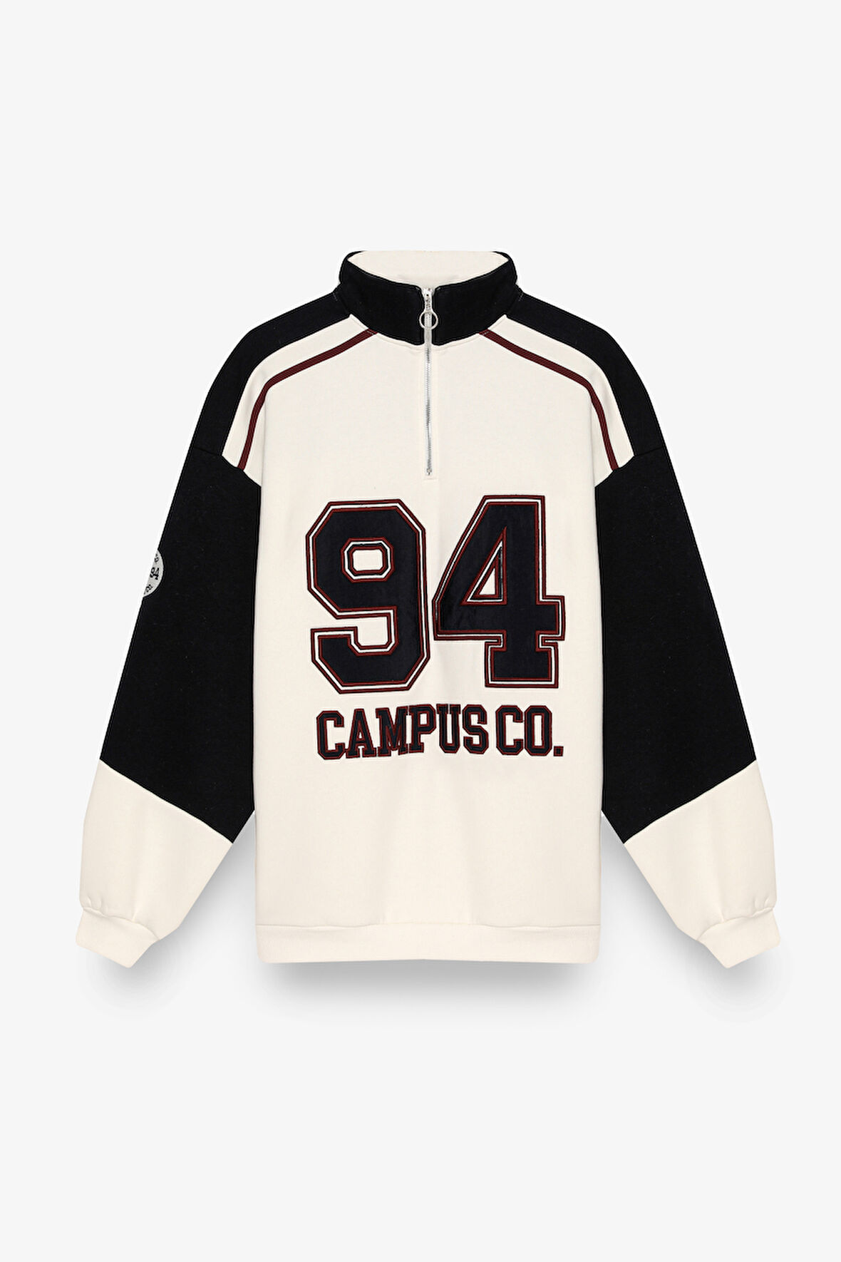 Dik Yaka Fermuarlı Renk Bloklu Oversize Sweatshirt Ekru