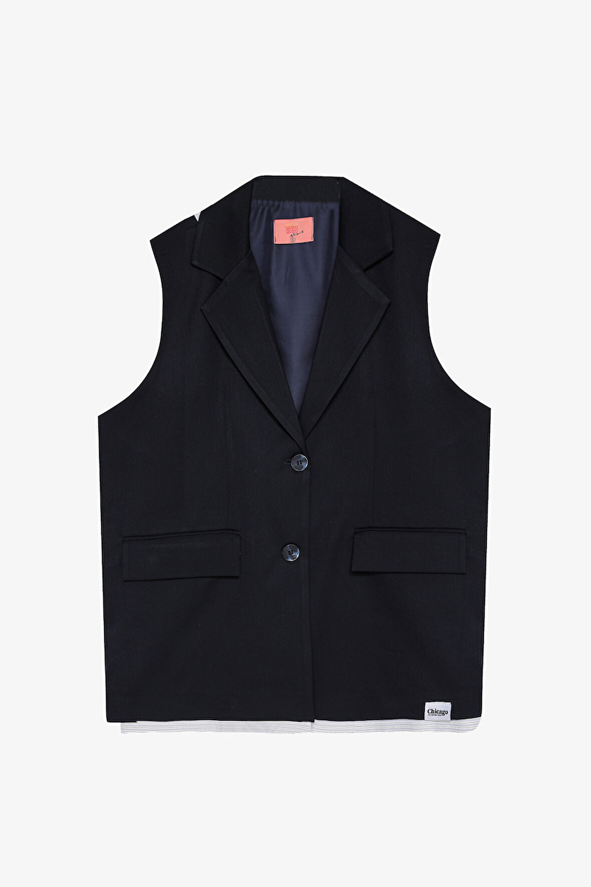 Kumaş Garnili Etiket Aksesuarlı Oversize Yelek Ceket Lacivert