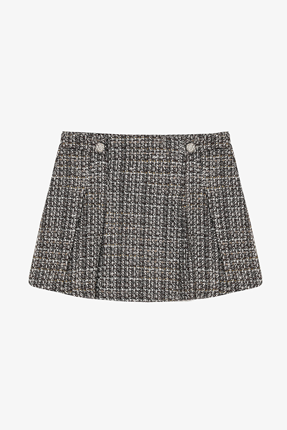 Pileli Düğme Aksesuarlı Tüvit Mini Etek Kahverengi