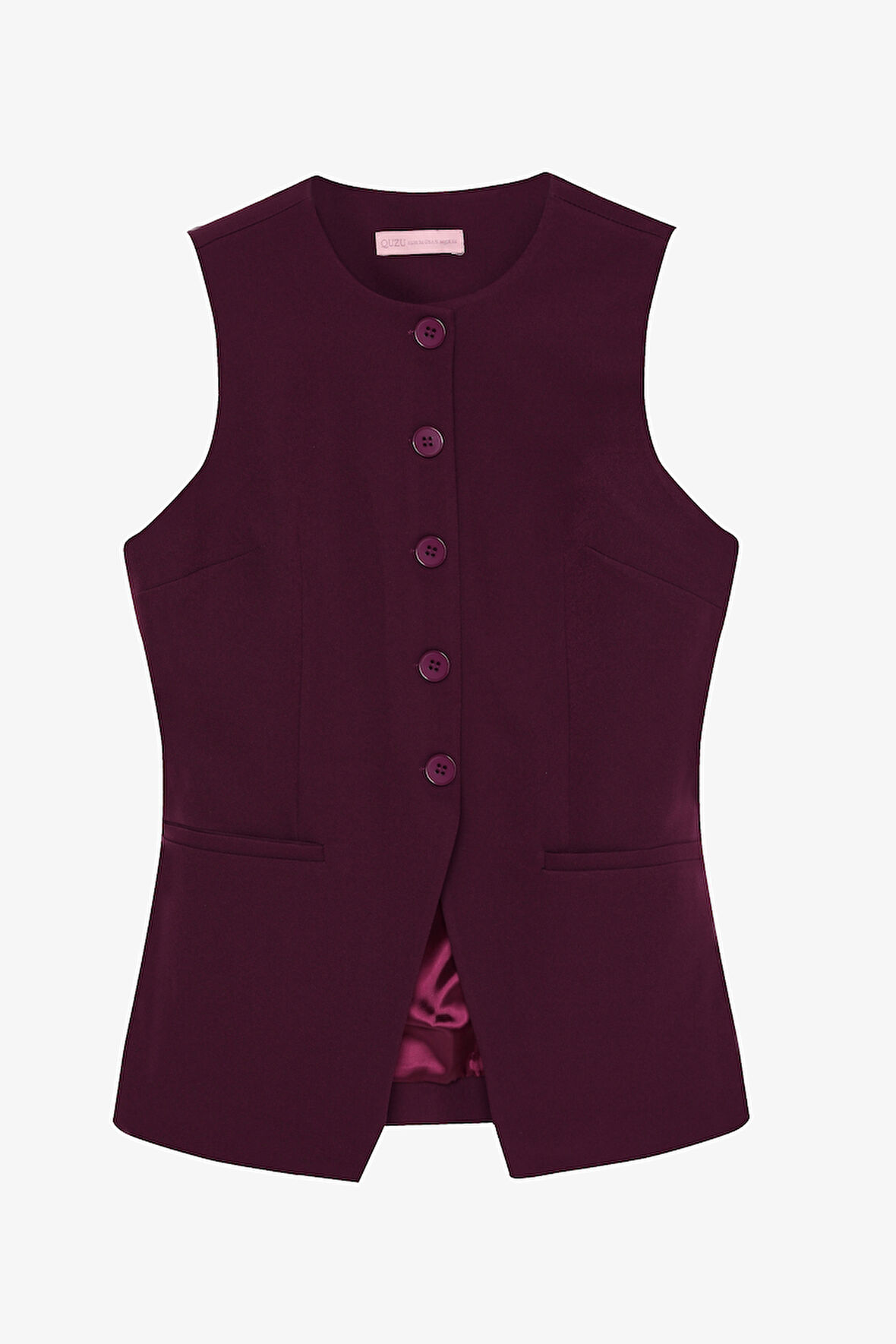 Düğmeli V Kesim Kolsuz Yelek Mürdüm