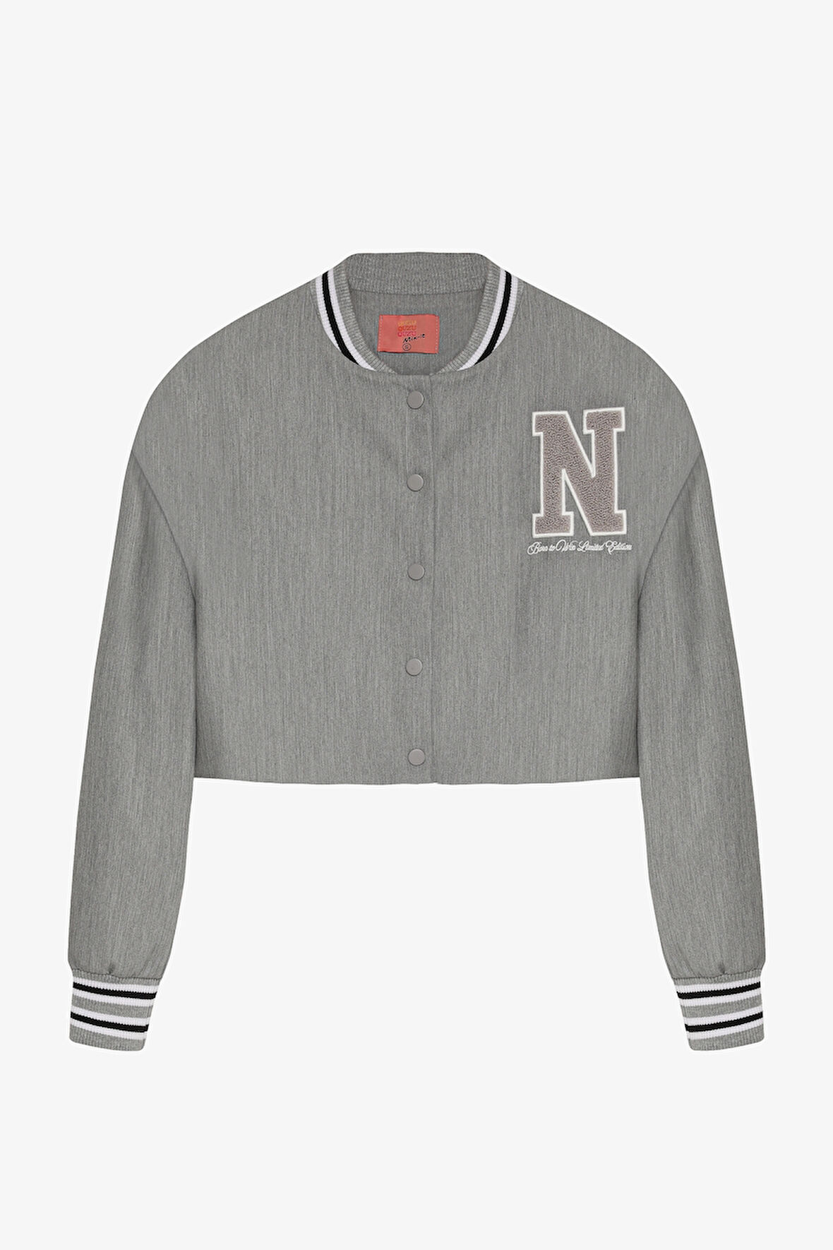 Harf Nakışlı Ribanalı Kısa Bomber Ceket Gri