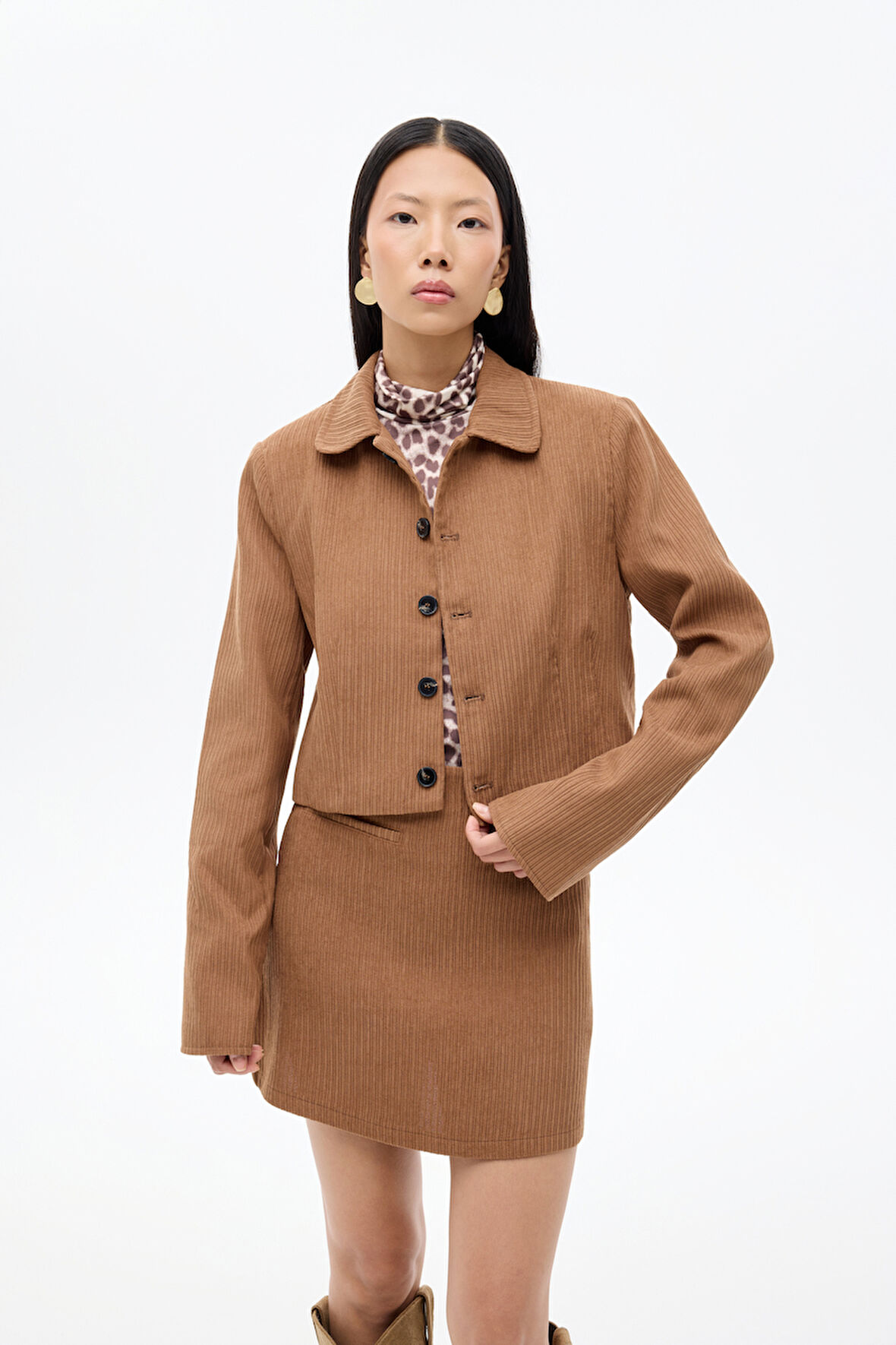 Vatkalı Gömlek Yaka Kadife Ceket Kahverengi