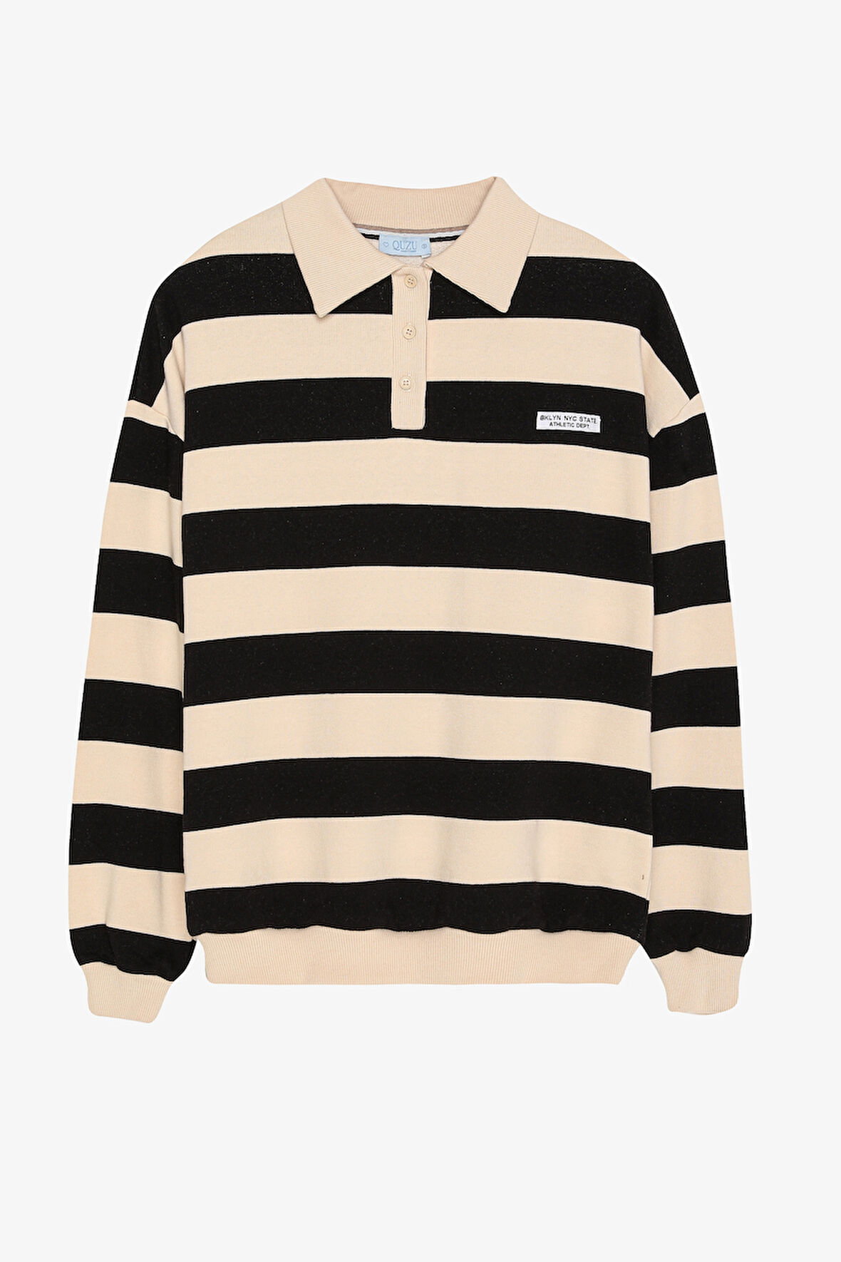 Polo Yaka Çizgili Oversize Sweatshirt Bej