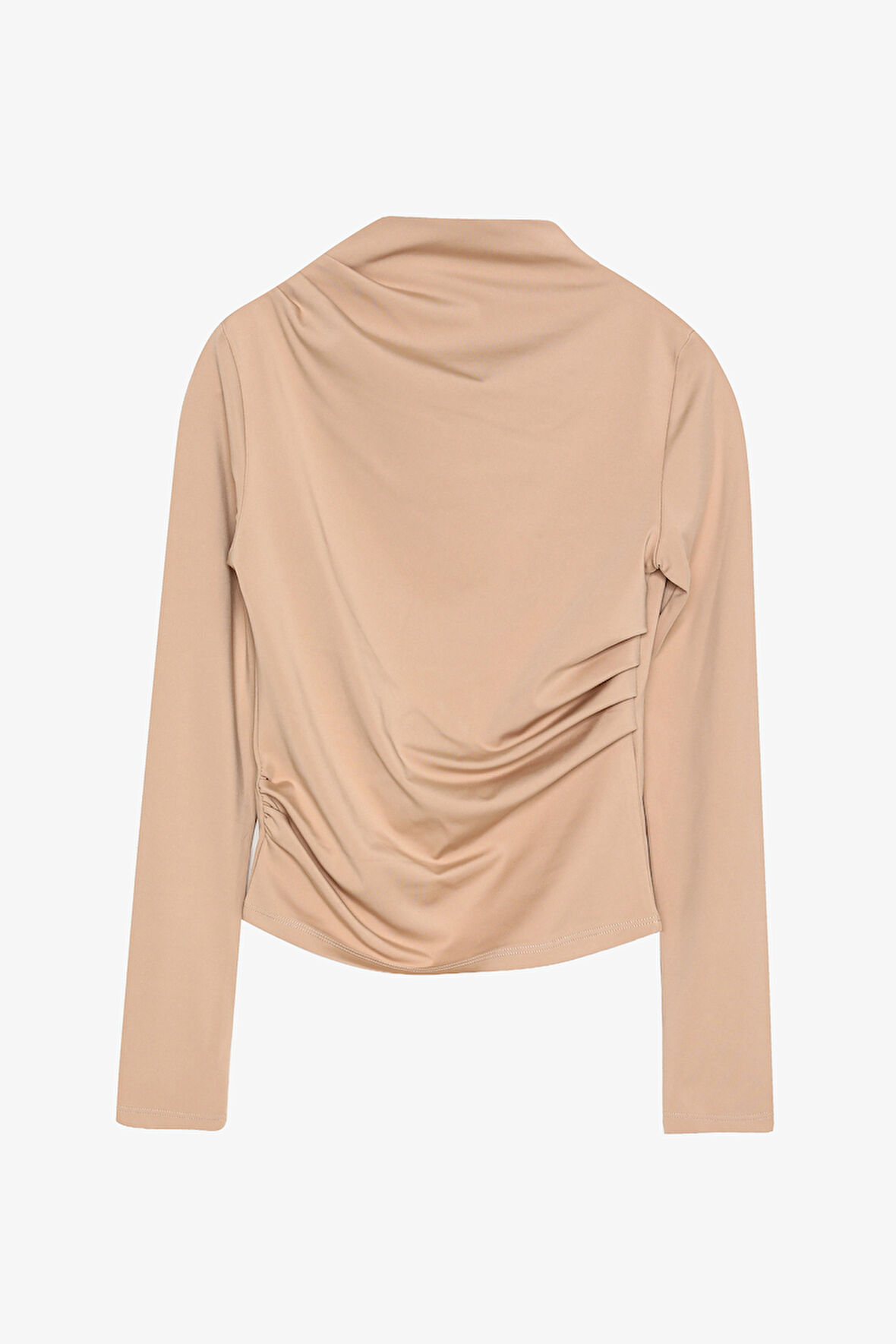 Drapeli Yüksek Yaka Uzun Kollu Basic Bluz Bej