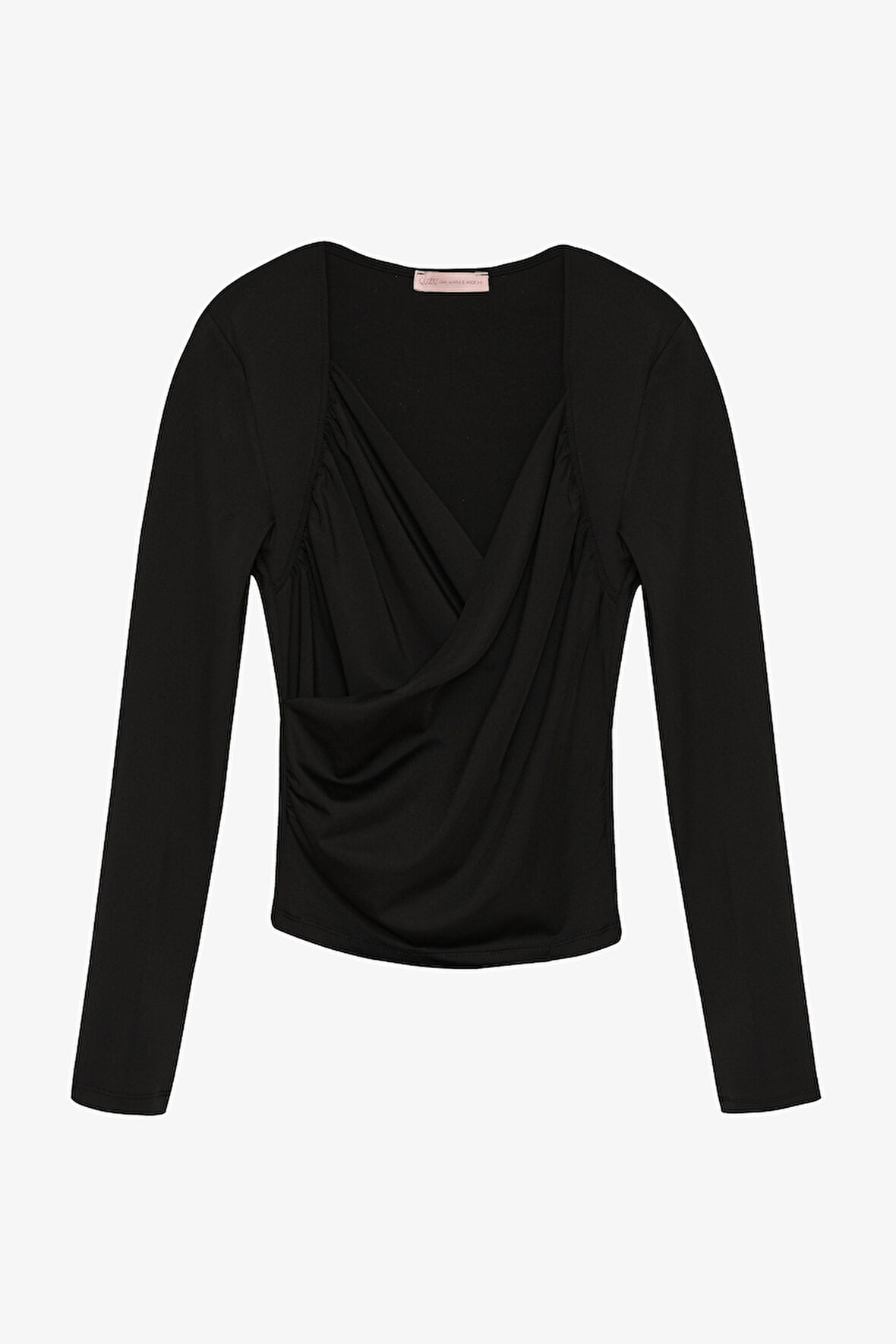 Kruvaze Yaka Drapeli Uzun Kollu Bluz Siyah