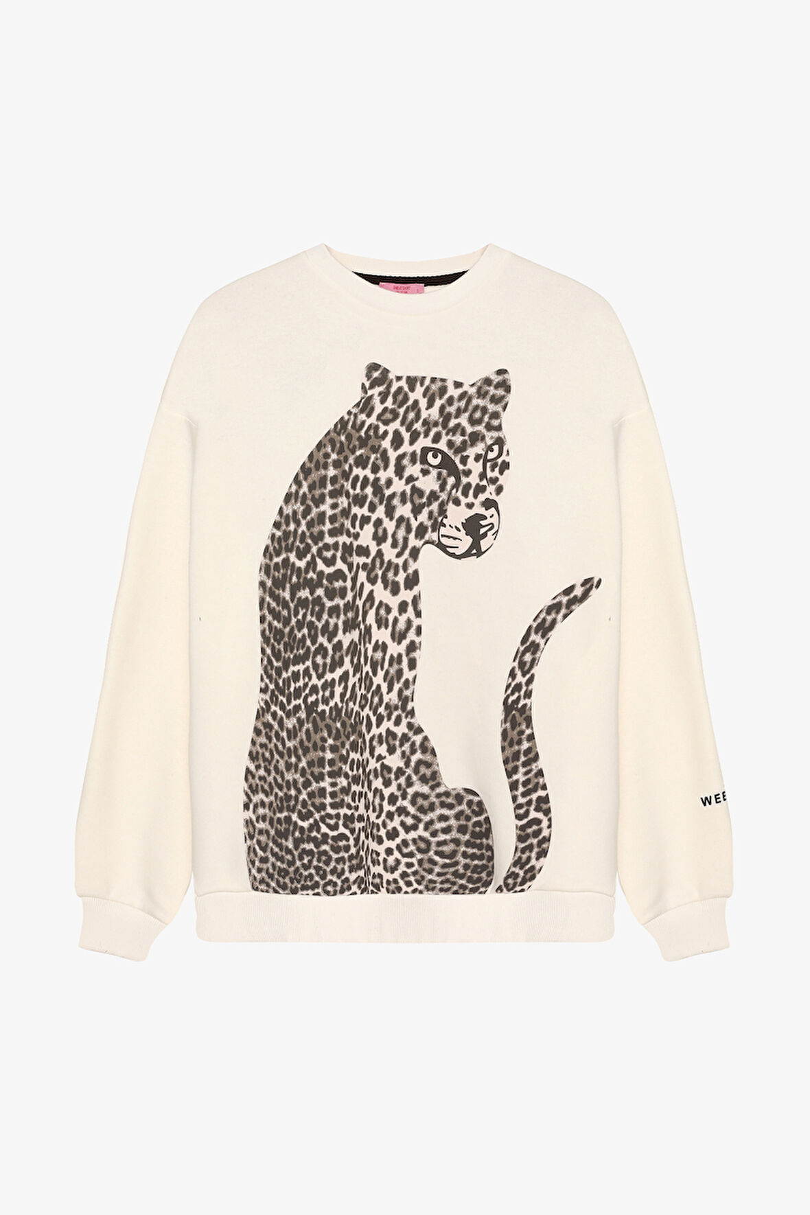 Leopar Figürlü Kolu Yazı Baskılı Sweatshirt Ekru