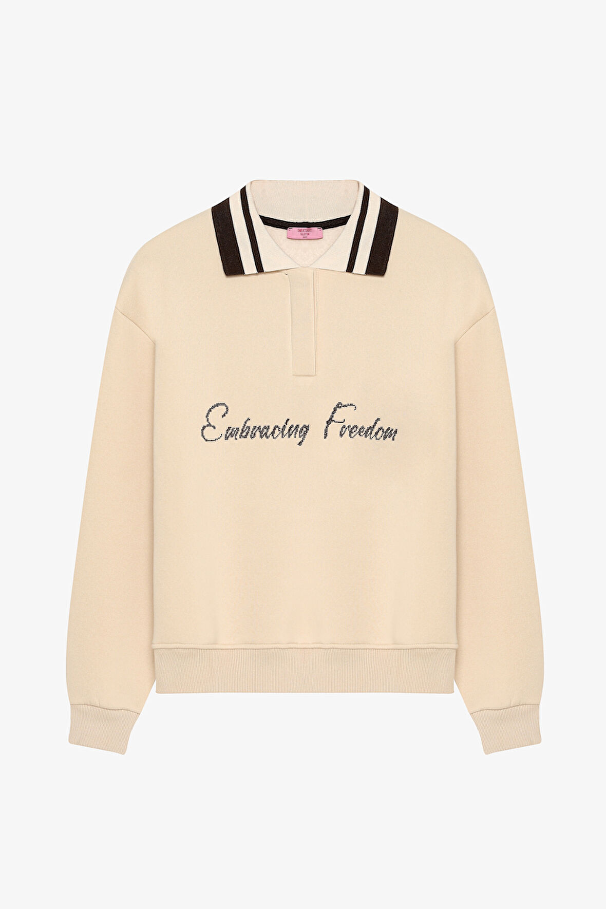 Yazı Nakışlı Şeritli Polo Yaka Oversize Sweatshirt Bej