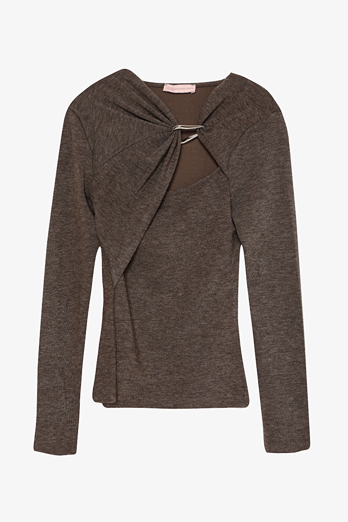 Halka Aksesuarlı Drapeli Asimetrik Yaka Bluz Kahverengi