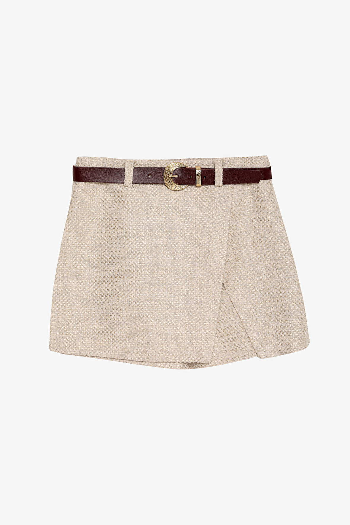 Kemerli Kruvaze Tüvit Şort Etek Bej