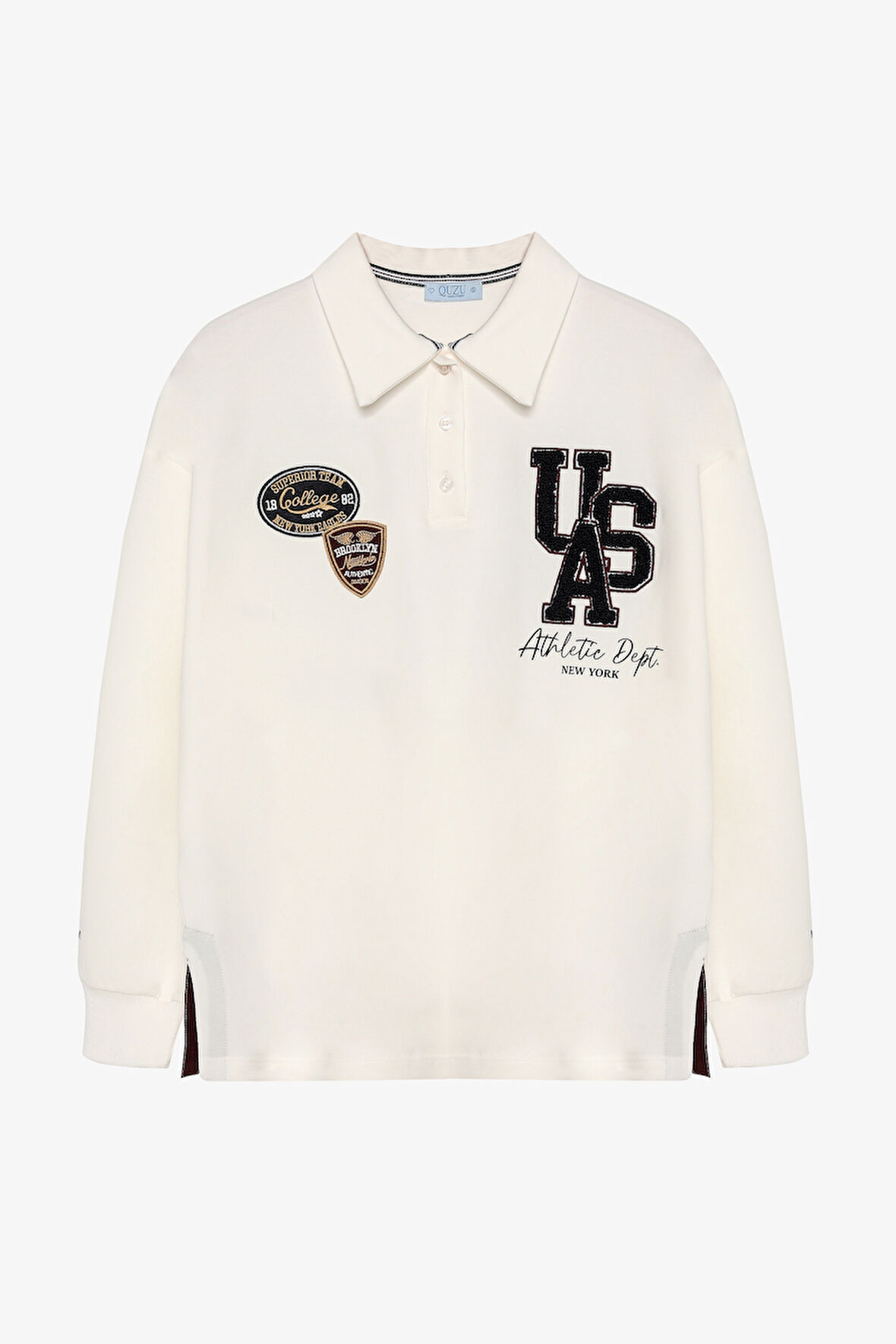 Arma Nakışlı Polo Yaka Oversize Sweatshirt Ekru