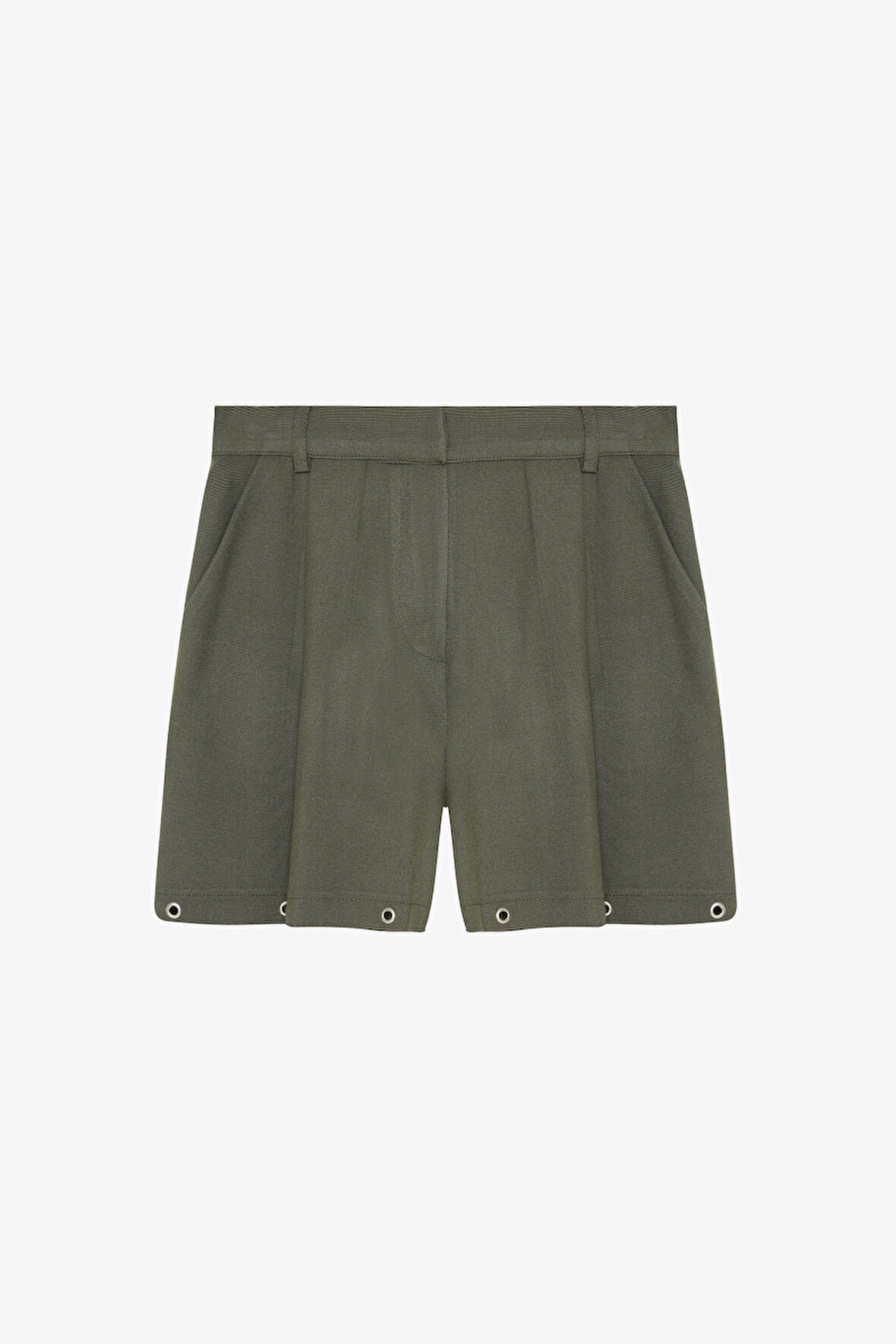 Kuş Gözü Aksesuarlı Önü Pileli Mini Şort Haki